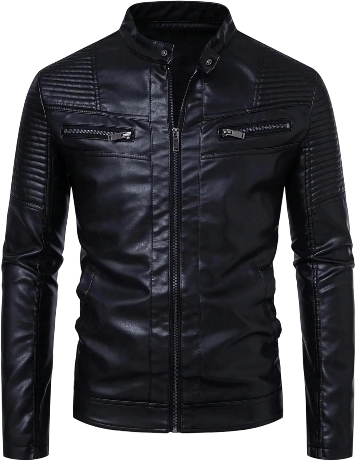 Men's Slim Fit Leather Jacket Stand Collar Casual Trench Coat Fall Outerwear