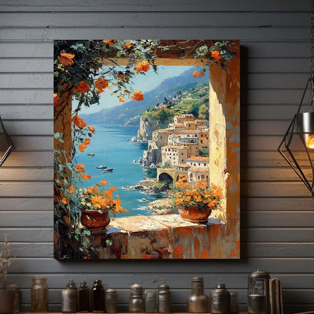 ghriwlax Coastal Wall Decor, Amalfi Coast Canvas Print, Mediterranean Landscape Art, Colorful Seaside Home Decor(40x80cm/No frame)
