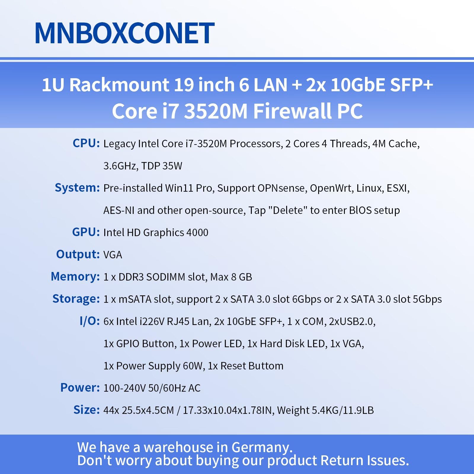 1U Cabinet Core i7 3520M Firewall Appliance 989 Network Security Industrial Control Server, 2 x 10Gigabit SFP+, DDR3 8GB RAM 128GB SSD, 6 x 2.5GbE I226v LAN, RJ45 Console OPNsense