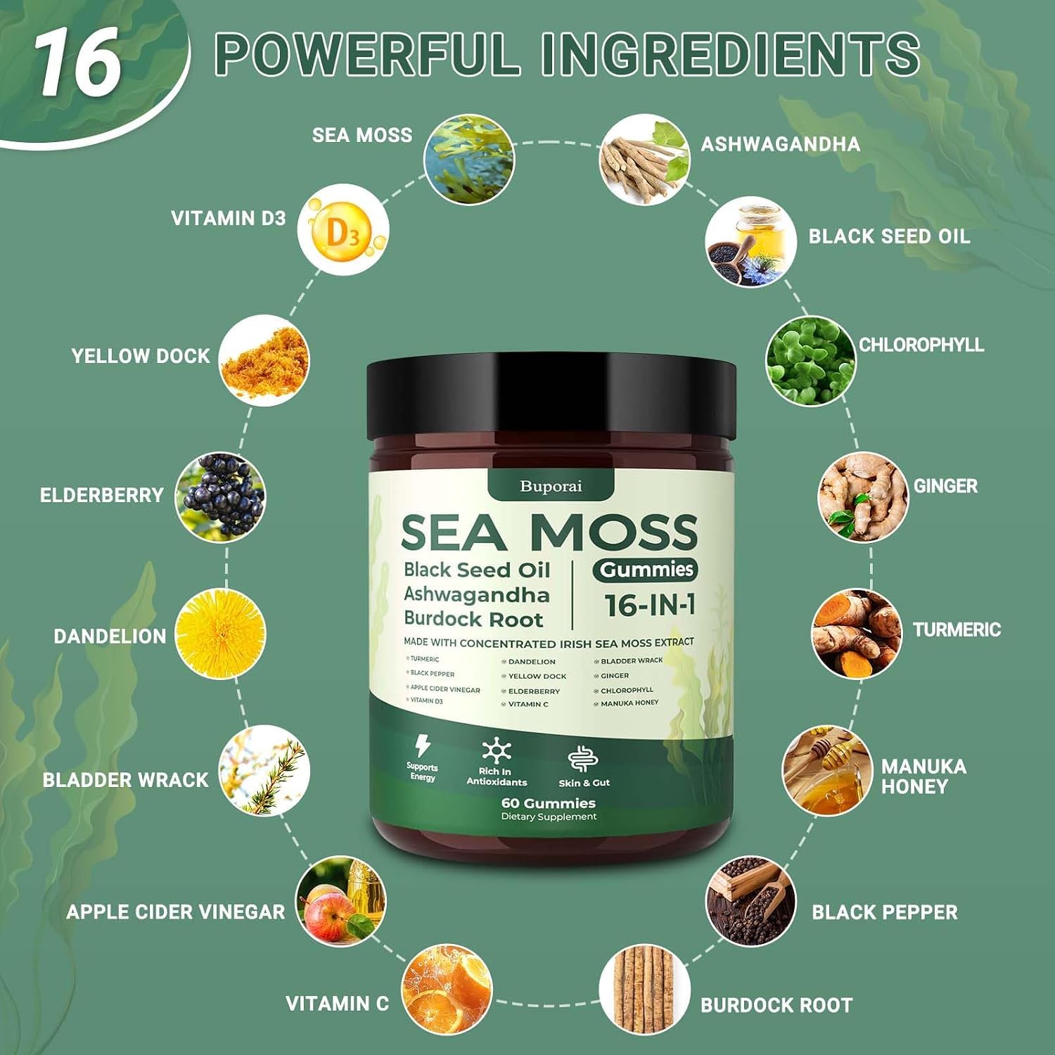 Sea Moss Gummies 16-in-1, Black Seed Oil Ashwagandha Turmeric Bladder Wrack Vitamin C Vitamin D3 Elderberry Manuka Dandelion Yellow Dock Apple Cider Vinegar for Men & Women — Amazon image 3