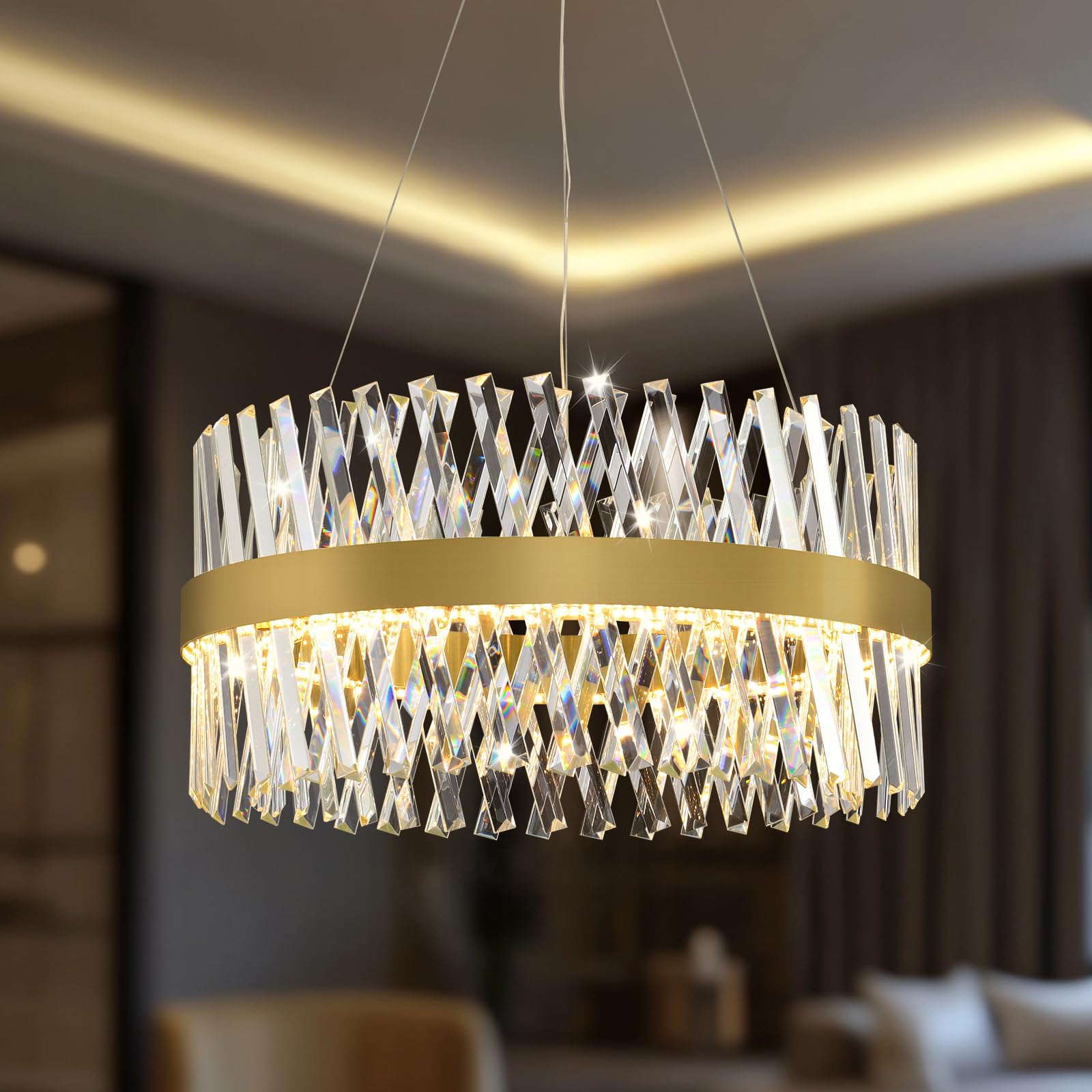 MDEGLYO Modern Crystal Chandeliers, Crystal Chandelier for Dining Room, 24 Inch Round Gold Chandelier, Suitable for Living Rooms, Kitchens, bedrooms,