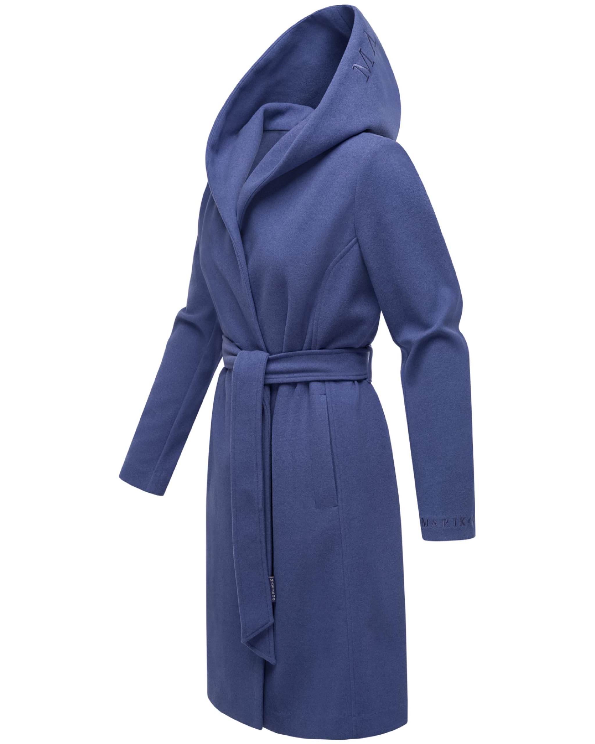 MARIKOO Damen Übergangsmantel lang Wickelmantel leichter Trenchcoat in Wolloptik mit Taillengürtel und Kapuze Kailii 16 XS-3XL