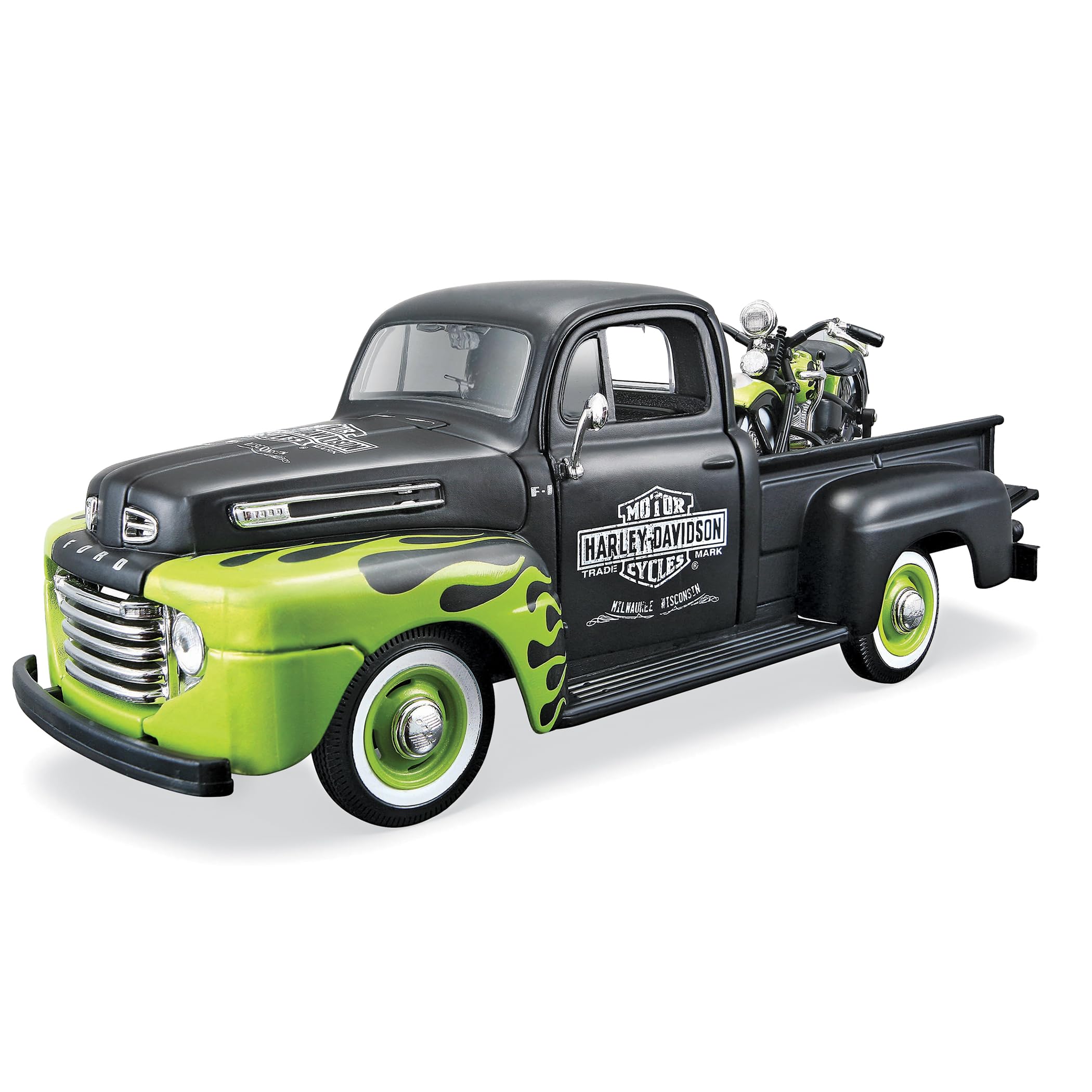 BAUER SPIELWAREN Maisto Ford F-1 Pickup ´48 + FL Panhead ´48: Faithful Model Car with Motorcycle 1:24, Doors for Opening, Finished Model, 18 cm, Black/Green (532171)