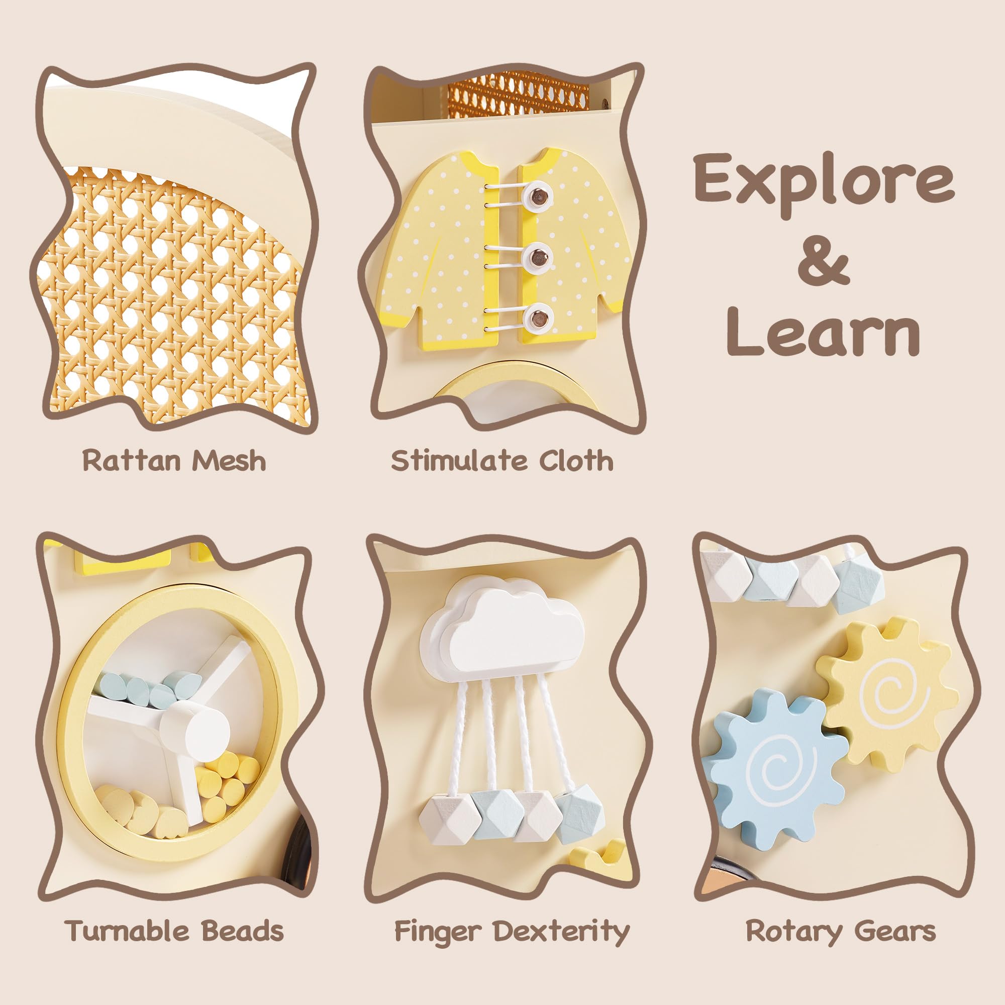 ROBUD Marchette en bois pour enfants de 1 à 2 ans, poussette 2 en 1 avec centre d'activités pour les tout-petits, marcheur à pousser avec frein de sécurité, jouets éducatifs pour garçons et filles de
