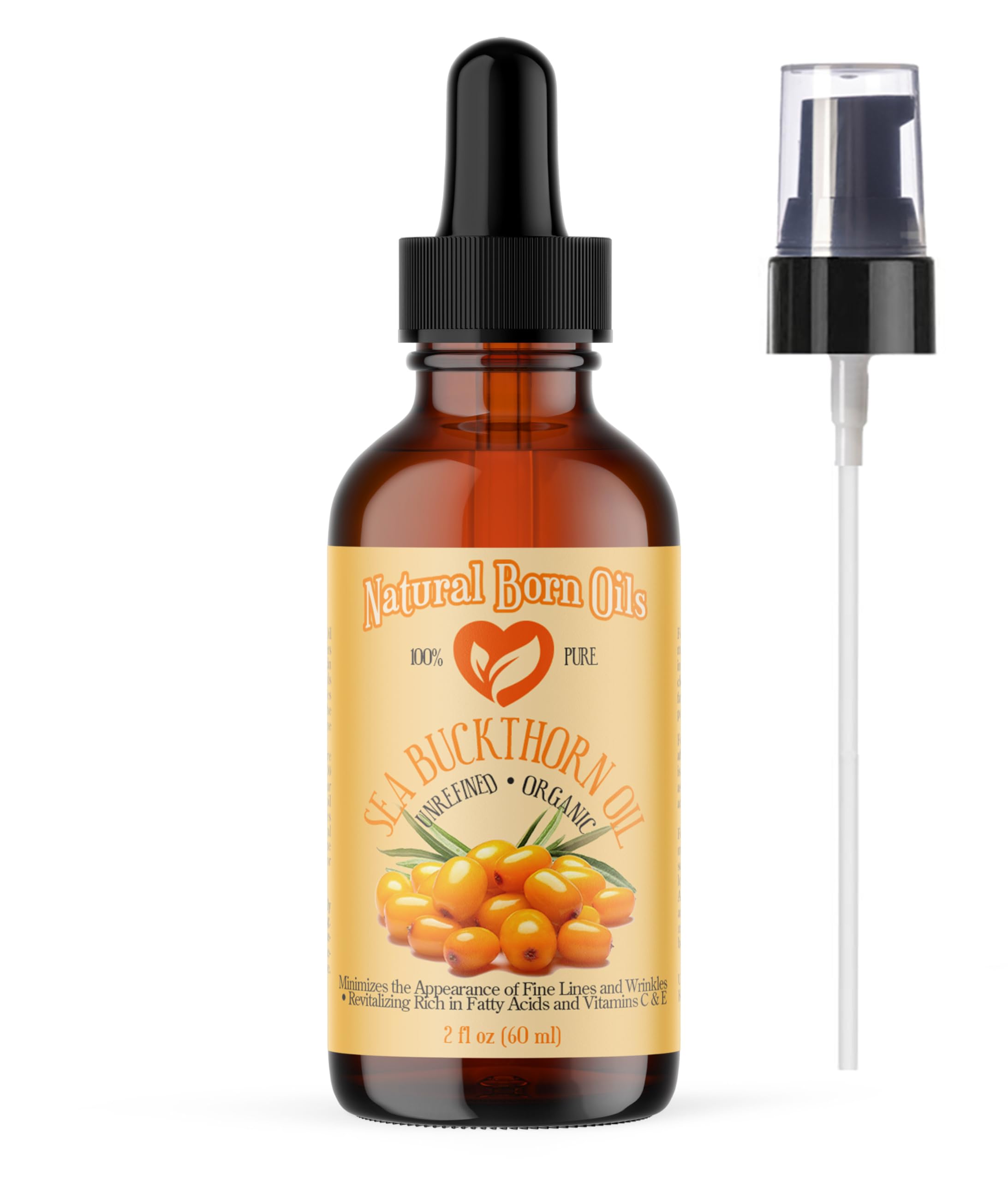 Natural Born Oils 2oz Sea Buckthorn 100% Pure and Organic, Cold-pressed, Unrefined, Revitalizing, Includes Pump & Dropper