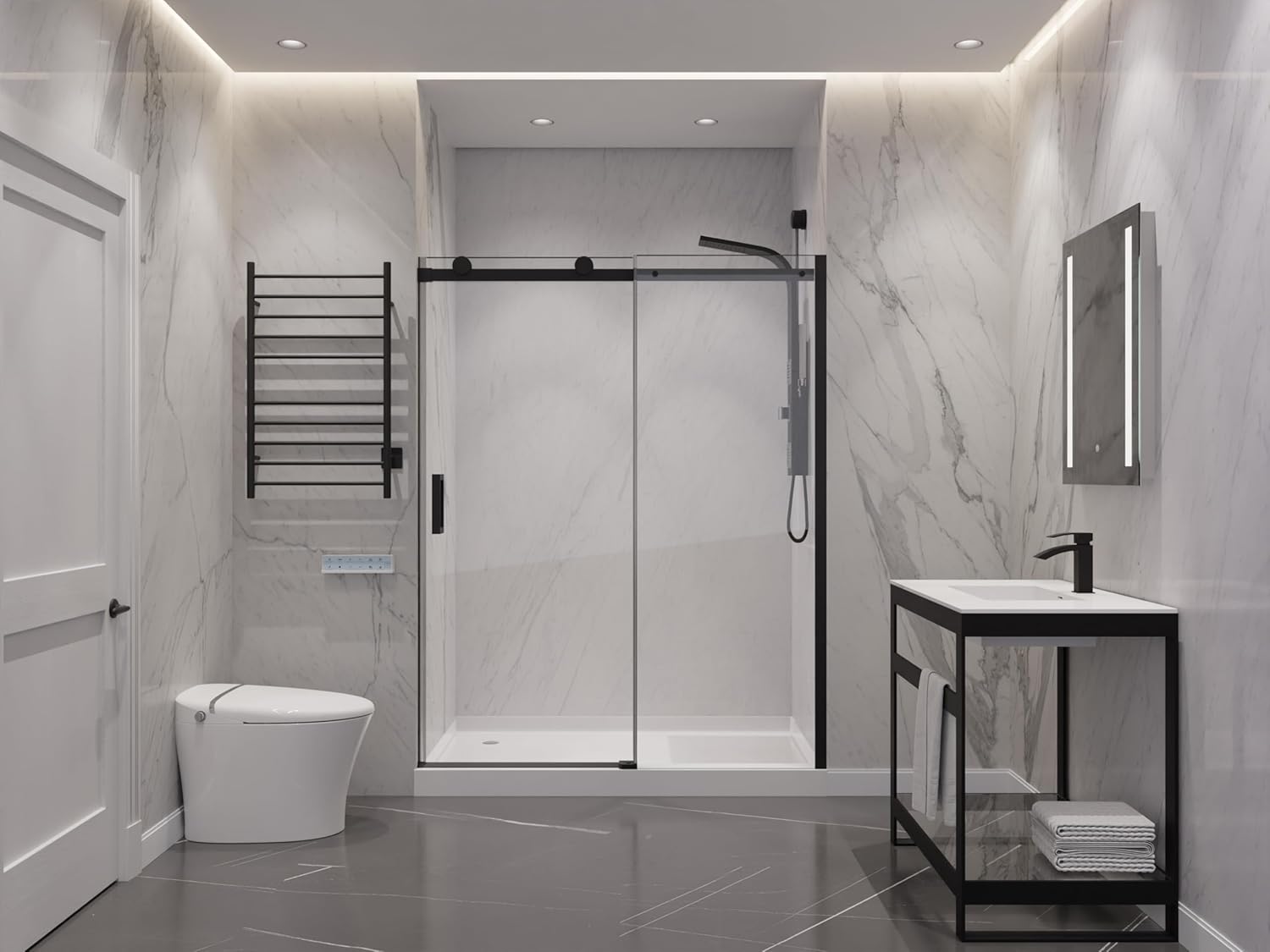ANZZI 50 to 54" x 76" Modern Frameless Shower Door | Rhodes Water Repellent Glass Shower Door, Seal Strip Parts and Handle, Easy Glide Rollers Sliding Shower Glass Door - Matte Black