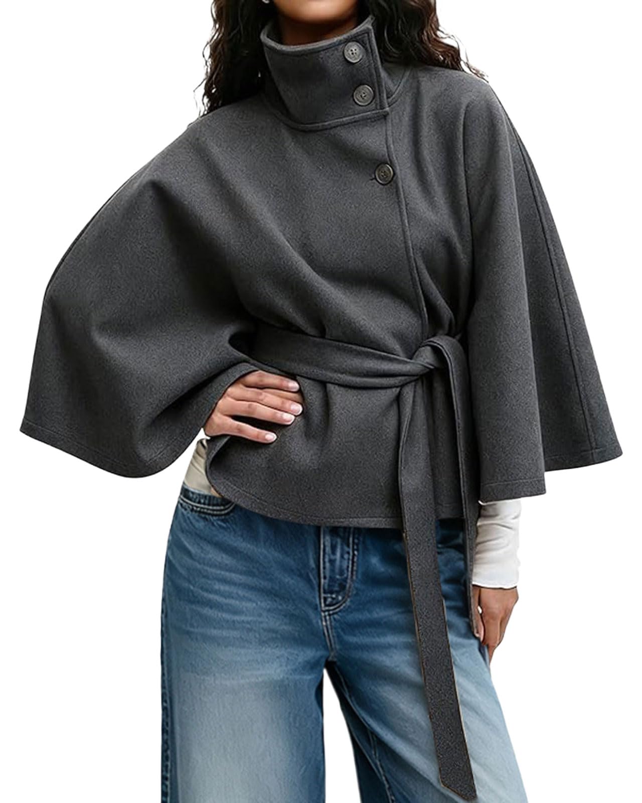 chartou Women Batwing Sleeve Ponchos Pea Coat Wool Stand Collar Belt Capes Jacket Winter Cropped Overcoat-picture-8