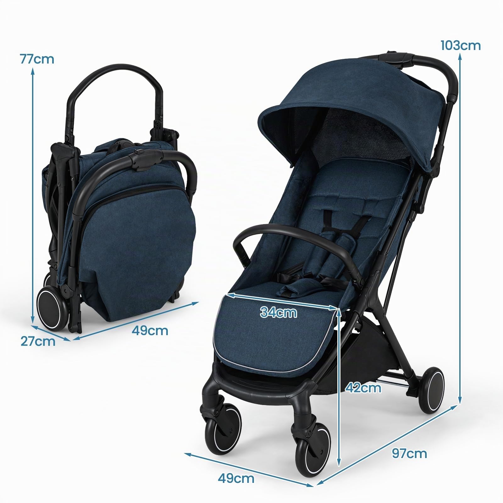 LIFEZEAL Poussette pliante avec dossier réglable - Avec fonction de sommeil - Poussette de voyage légère pour bébé de 0 à 3 ans - Charge maximale : 15 kg (93 x 35 x 103 cm, bleu + noir)