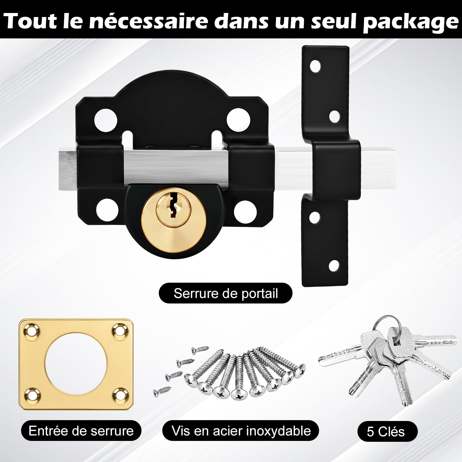 Serrure de portail à longue portée, convient pour porte droite et gauche, serrure à mortaise, verrouillage double face, 5 clés (50 mm)