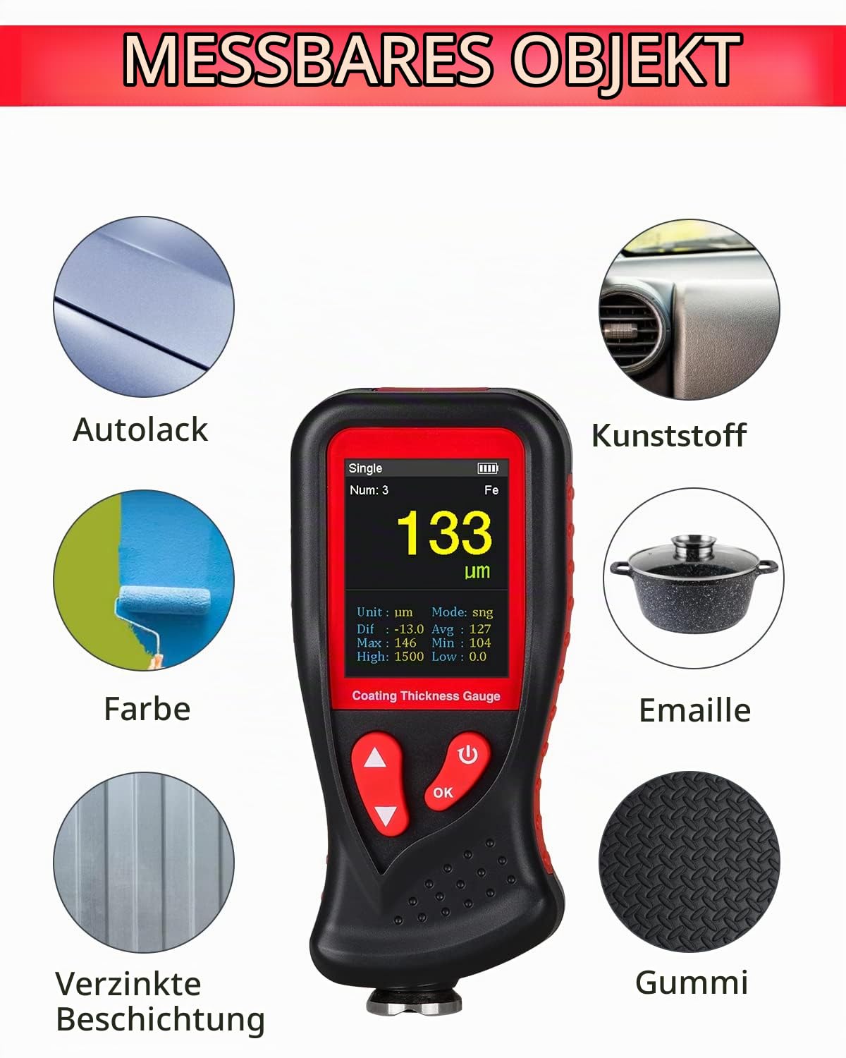 Wintact Schichtdickenmessgerät, Farbtester, Karosserie-Schadensdetektor mit 1500 Gruppen Datenerfassung, Trenddiagramm und Alarm