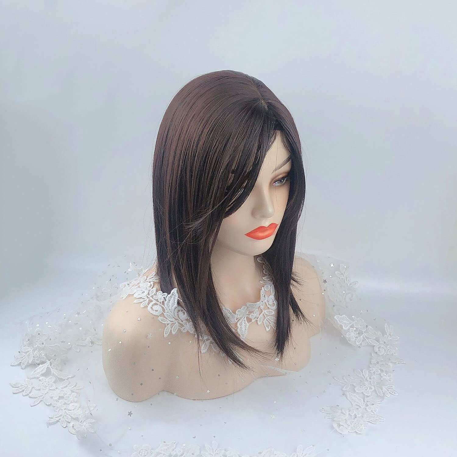 Seamless Straight Head Top Hairpiece Free Part Clip in Topper With Side Part Bangs (Dark Brown), 12x12cm - Image 2