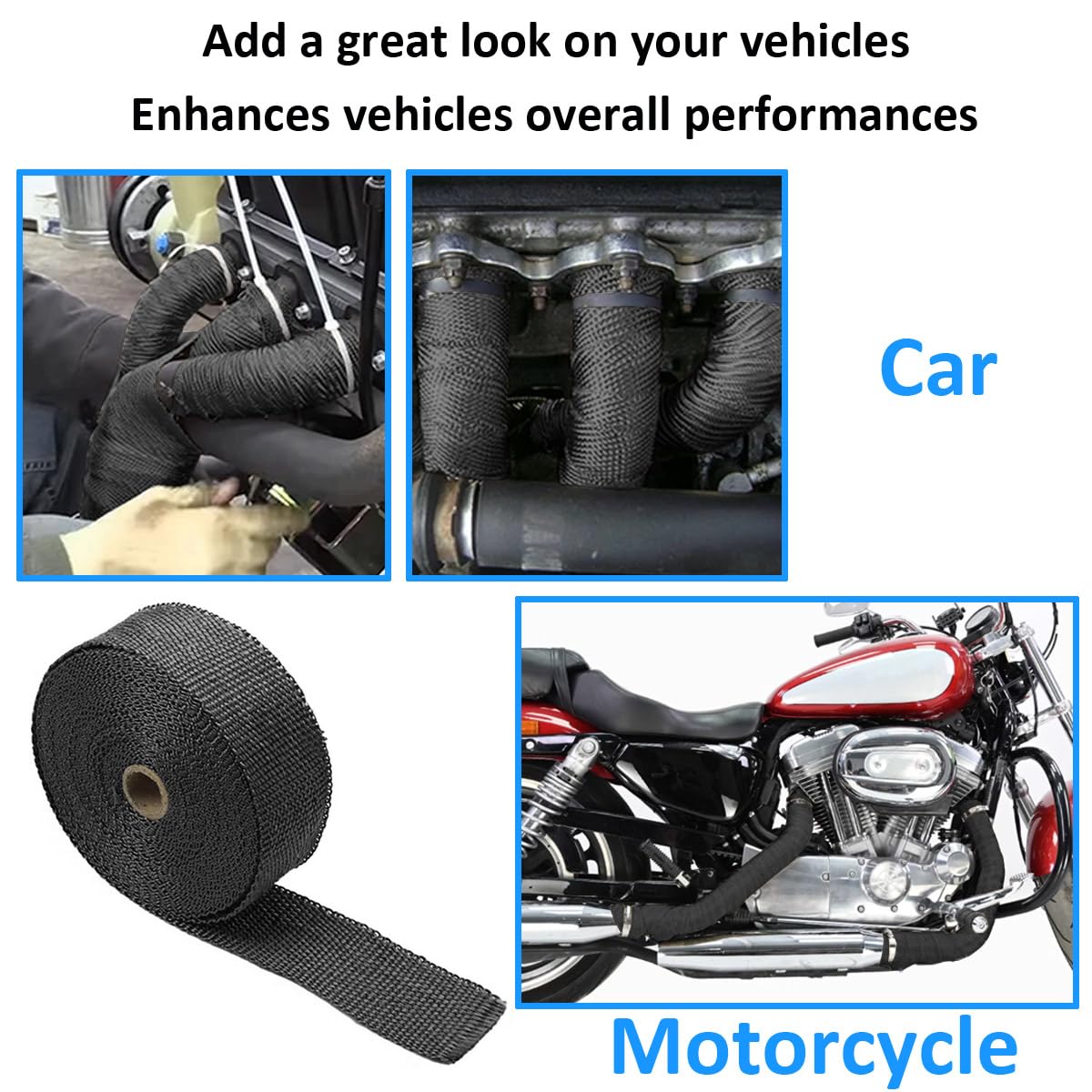 Bande Thermique Échappement Fibre de Verre Ruban Collecteur d'échappement de Moto Tuyeau Isolant Thermique Protection Voiture Isolante Noir 5CM X 10M avec 6 Attaches