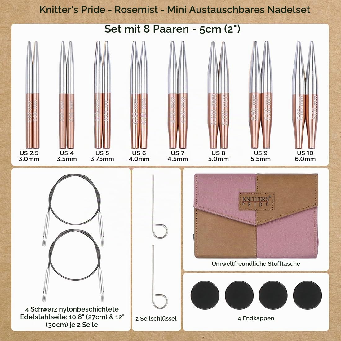Knitter’s Pride Rosemist Mini austauschbares Nadelset, 5 cm, 3,0-6,0 mm
