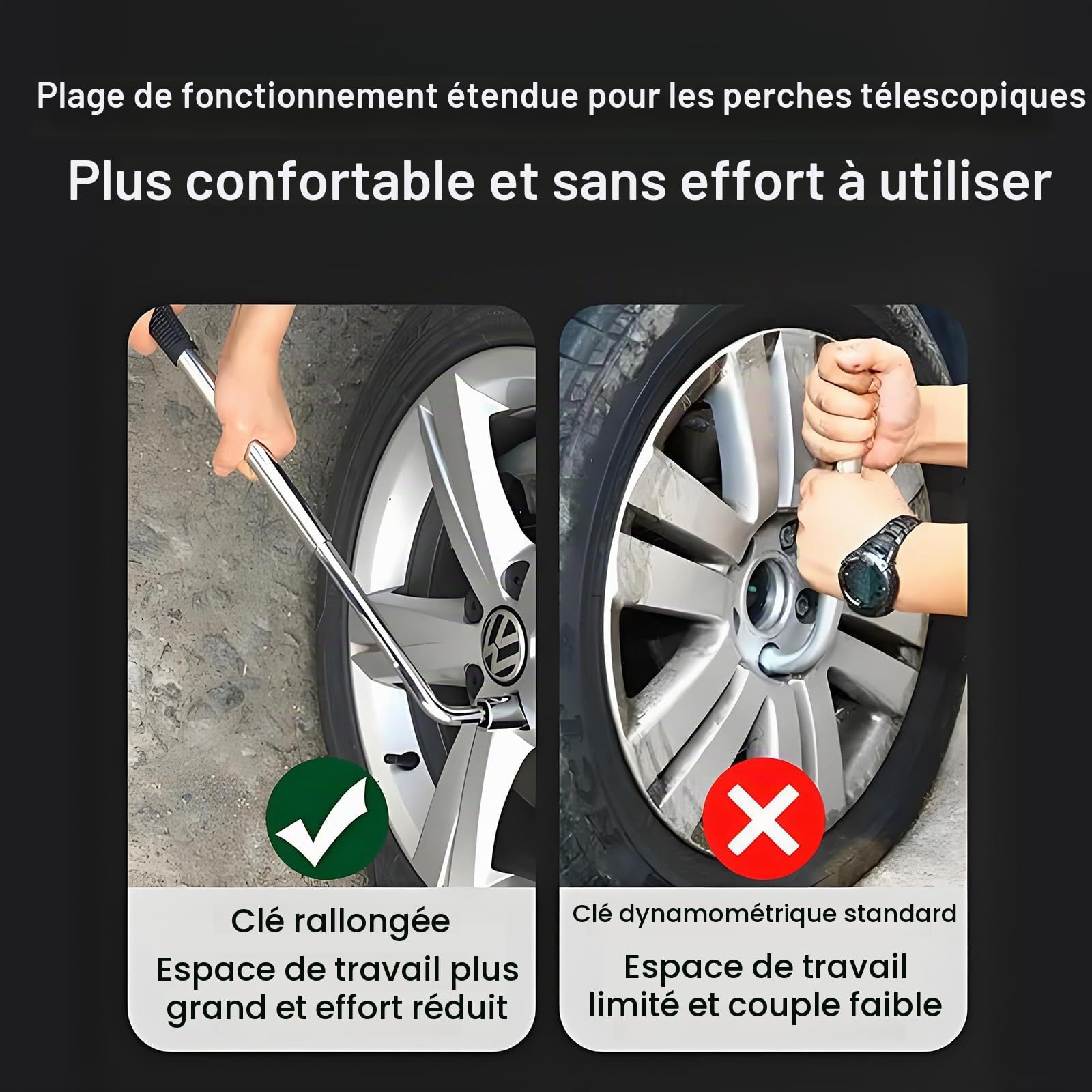 Clé Démonte Roue Télescopique, Clé Téléscopique pour Pneus Auto et Moto, Extracteur de Boulon Antivole, Longueur Réglable de 350 à 500 mm, Douilles Interchangeables 17/19 mm et 21/23 mm