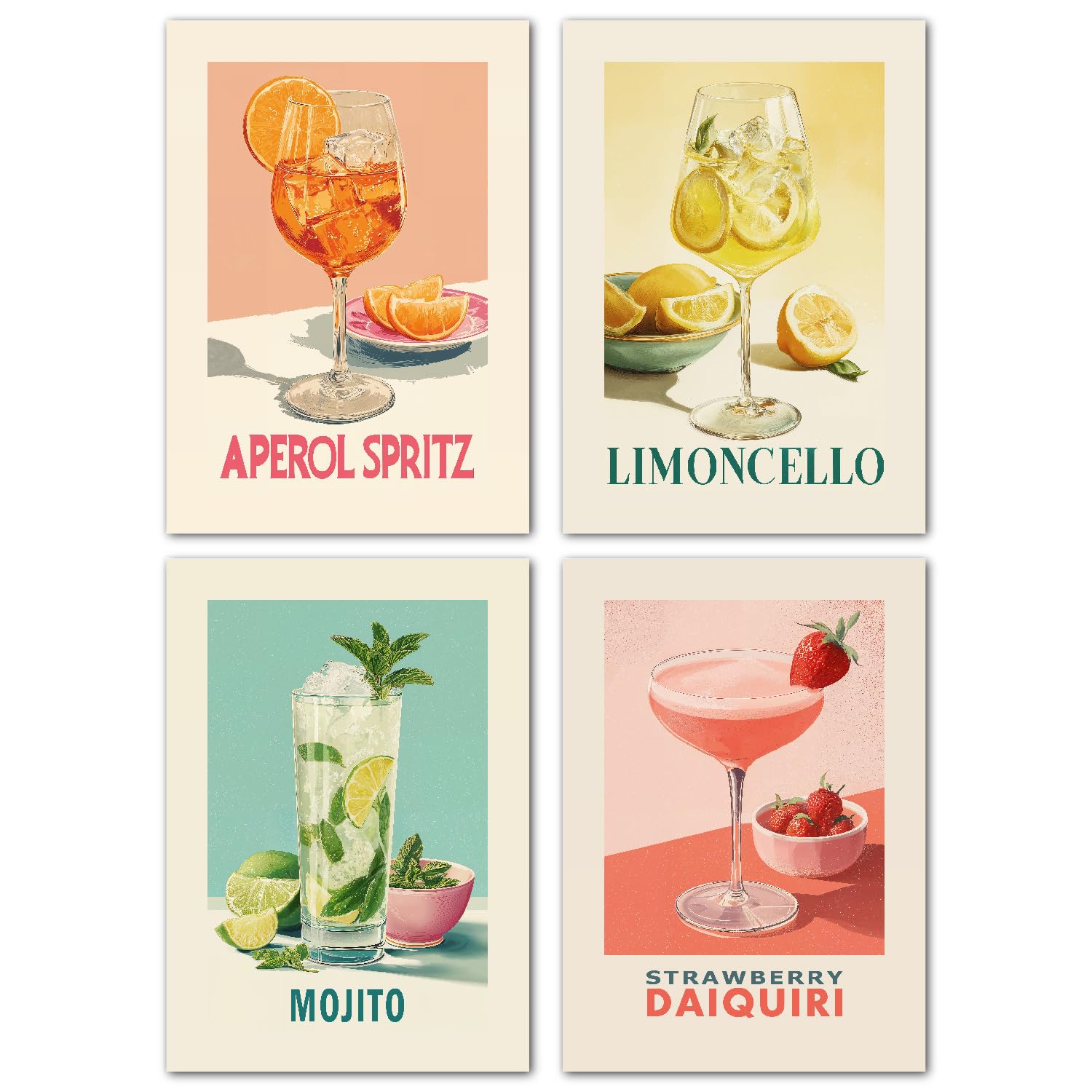 LAVEMA Lot de posters rétro cocktail A4 (21 x 30 cm) Vintage Aperol Spritz Mojito Limoncello Décoration murale cuisine