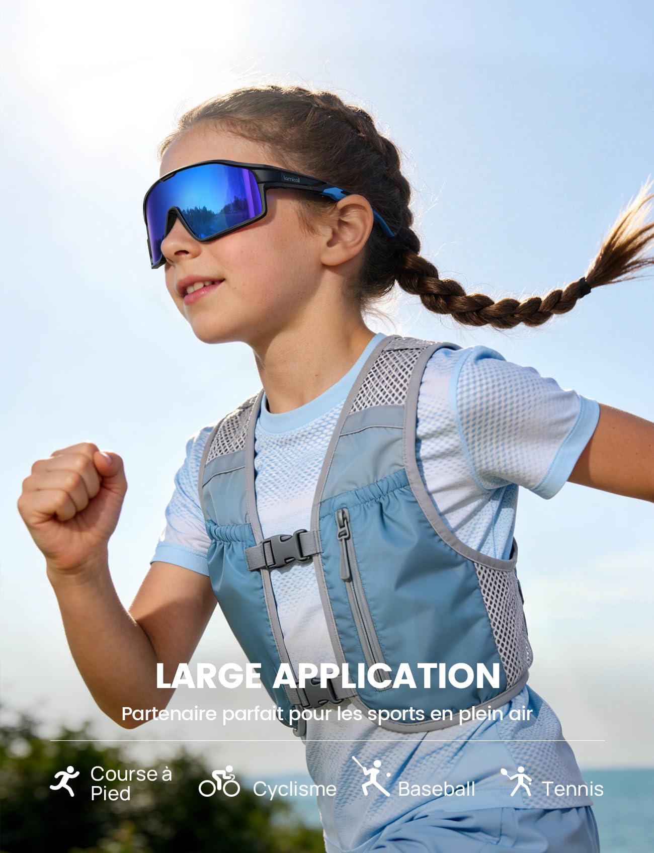 Lamicall Polarisées Lunettes de Cyclisme Enfant - [22g Ultra-légères] UV400 Protection, Matériau-TR90, Lunettes Soleil Sport pour Enfant avec Nez Réglable, Lunettes Enfants pour Baseball/Course à Pied