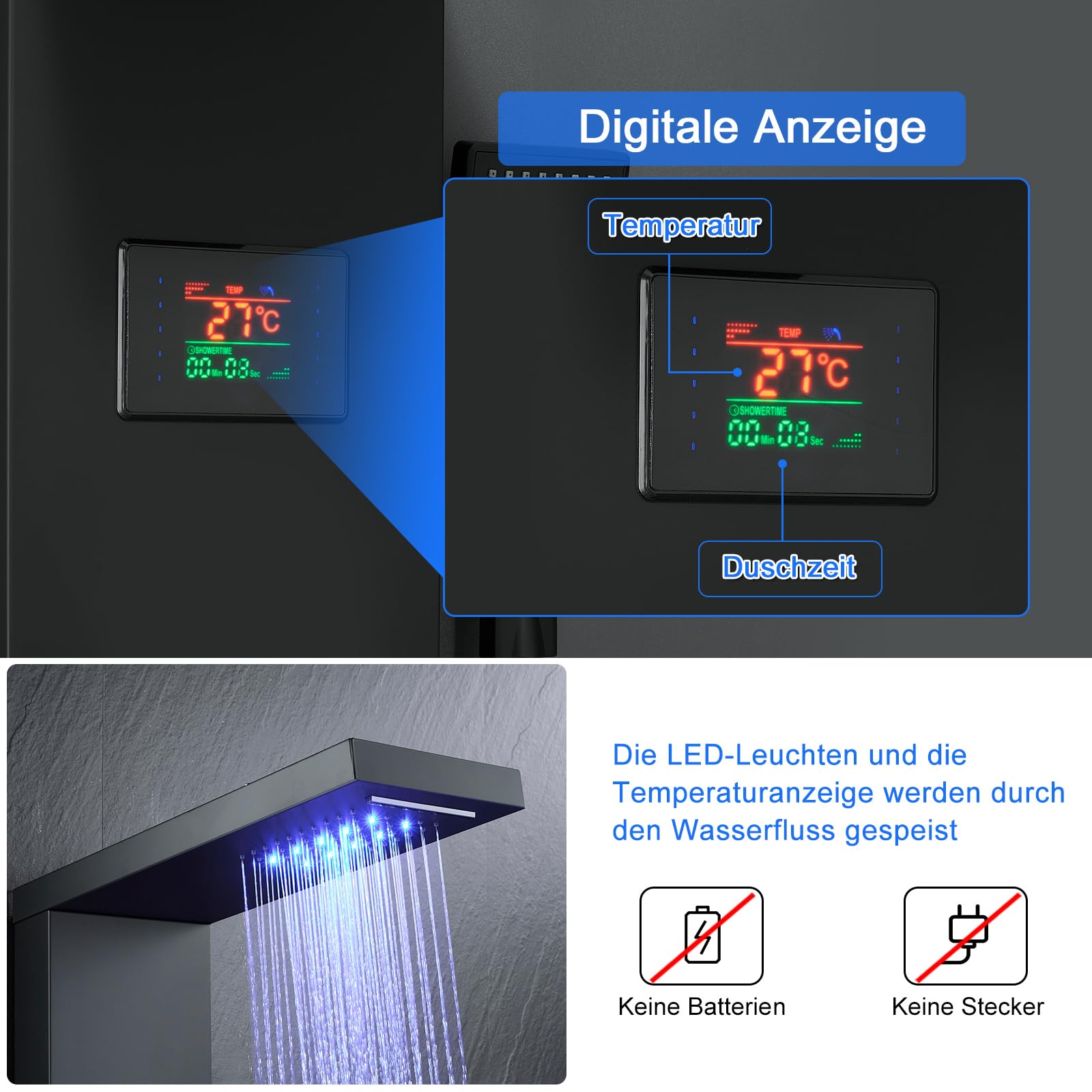 Panel de ducha LED con grifo, 5 funciones, panel de ducha con indicador de temperatura LED, ducha de lluvia y cascada, 3 chorros de masaje, ducha de mano y entrada de bañera, columna de ducha