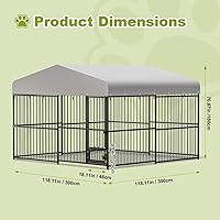 Vista 2 de Perrera para perros de 10 x 10 x 6 pies con techo, jaula grande resistente con puerta con cerradura, cubierta impermeable y cuencos para perros