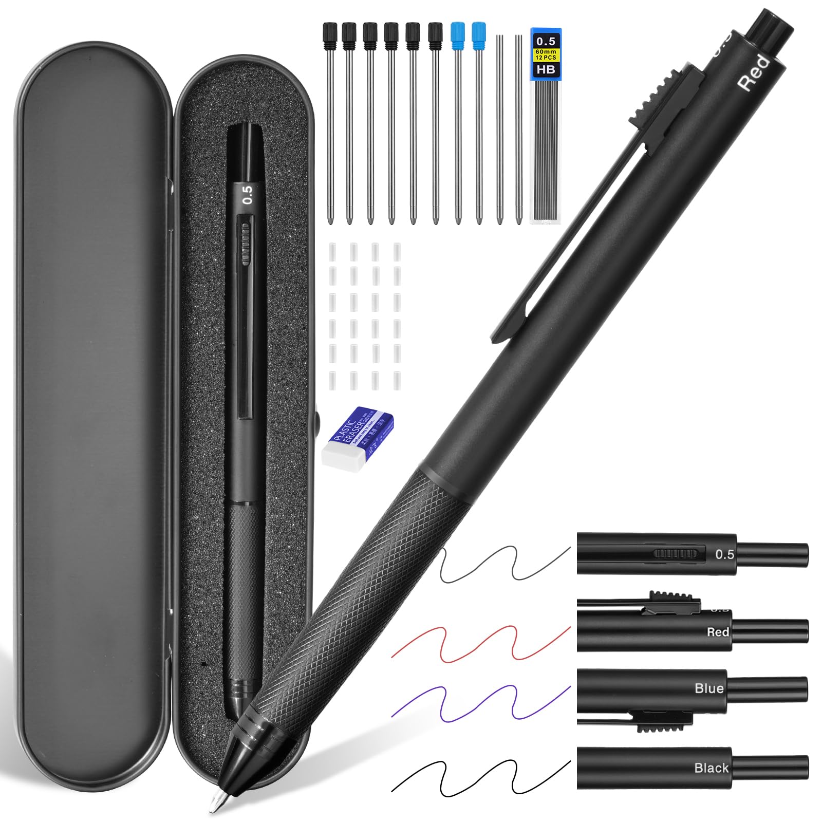 AUAUY Bolígrafo 4 en 1 Negro | Bolígrafo Multifunción con Carcasa de Metal- 24 Borradores Repuesto, 3 Colores, Lápiz de 0,5 mm, Viene con, 1 Borrador Grande, Caja Regalo de Metal