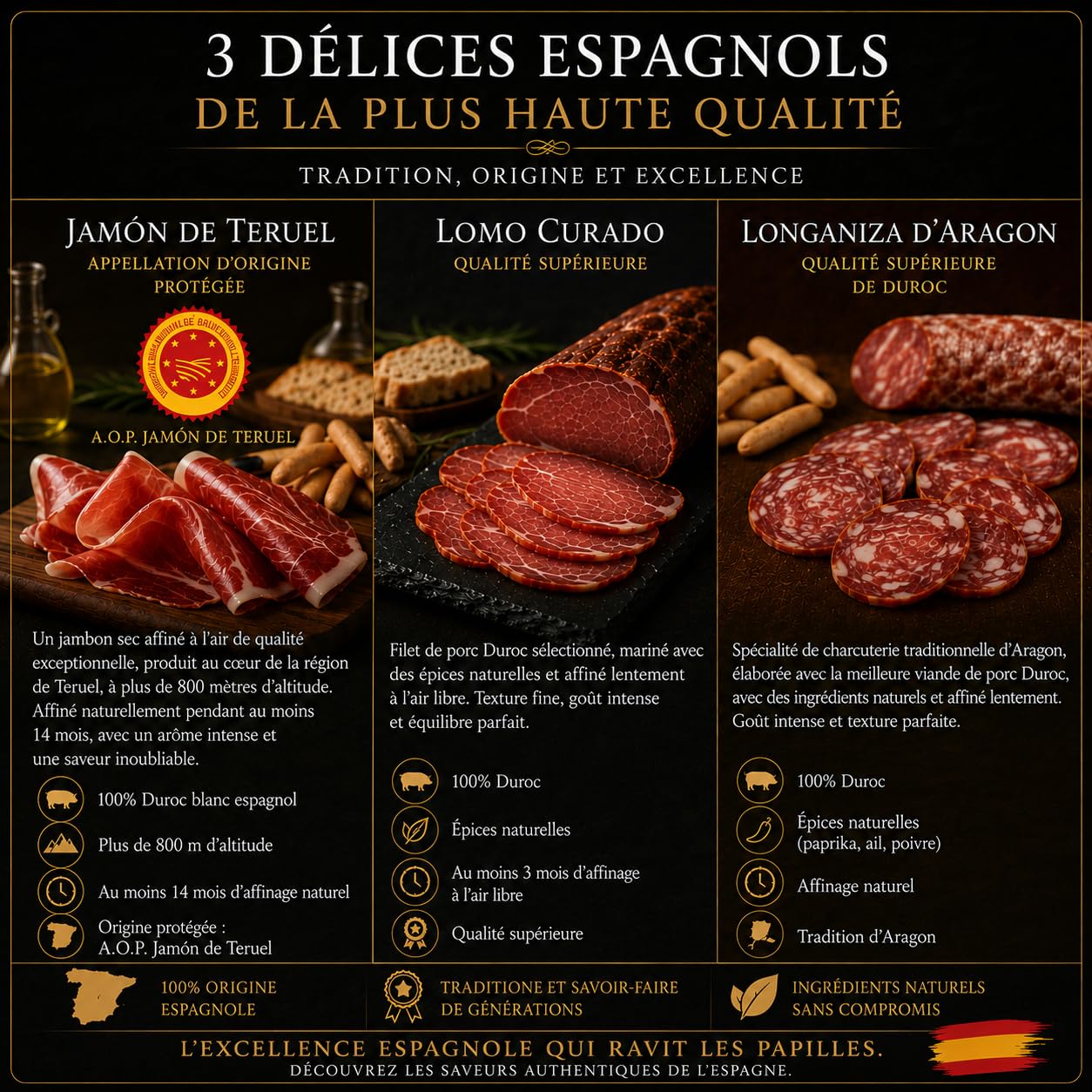 MARIA GOURMET - Panier Gourmand a Offrir Coffret Gourmand Charcuterie Espagnole Gourmet – Jambon de Teruel AOP - Lomo Duroc - Saucisson Longaniza d’Aragon - Tuiles à la noix de coco et chips - Box1