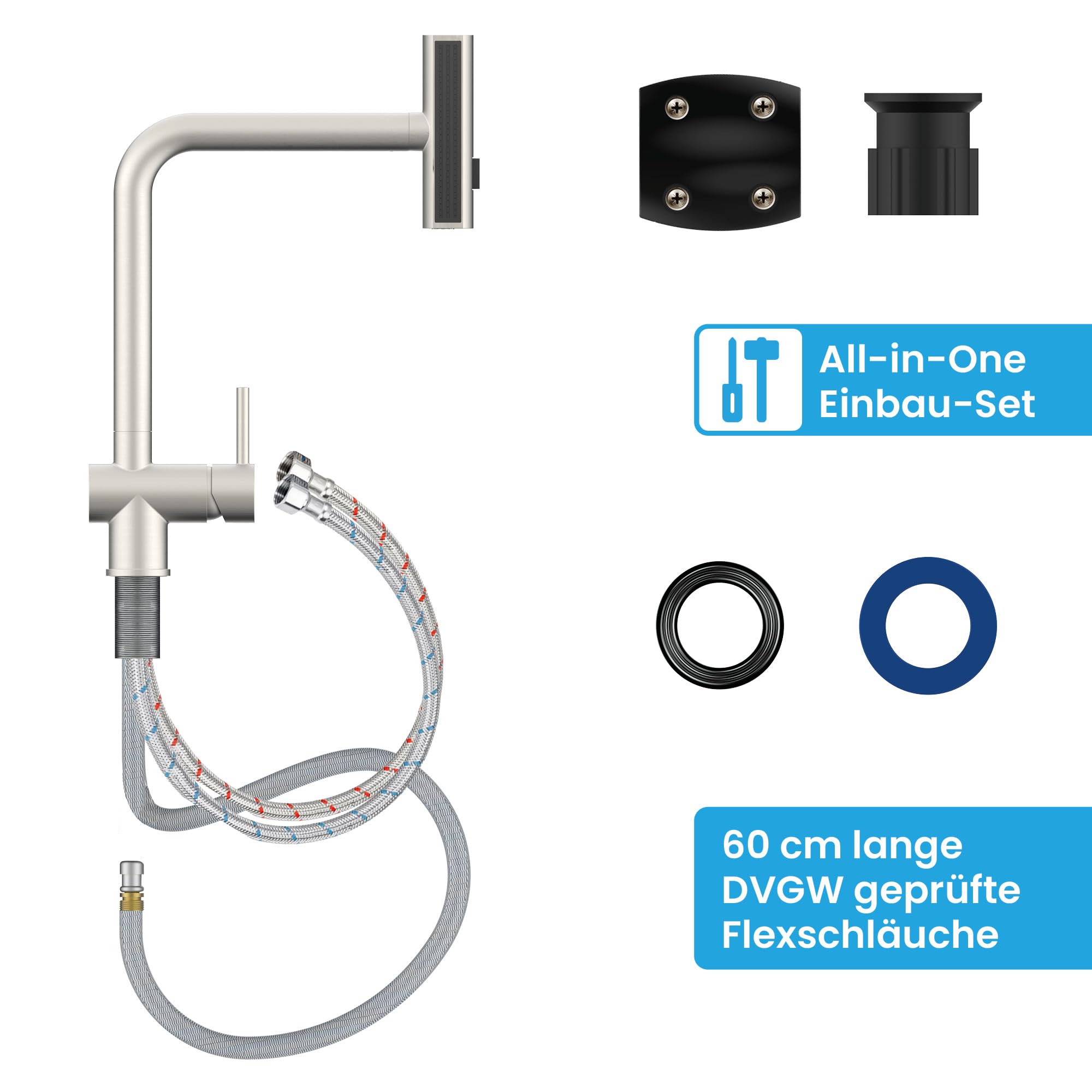 Bächlein Küchenarmatur Erino (Edelstahl gebürstet) – Schwenkbare Einhand-Spültischbatterie mit 3 Strahlarten – Küchen-Wasserhahn mit ausziehbarer und drehbarer Brause und Wasserfall-Funktion