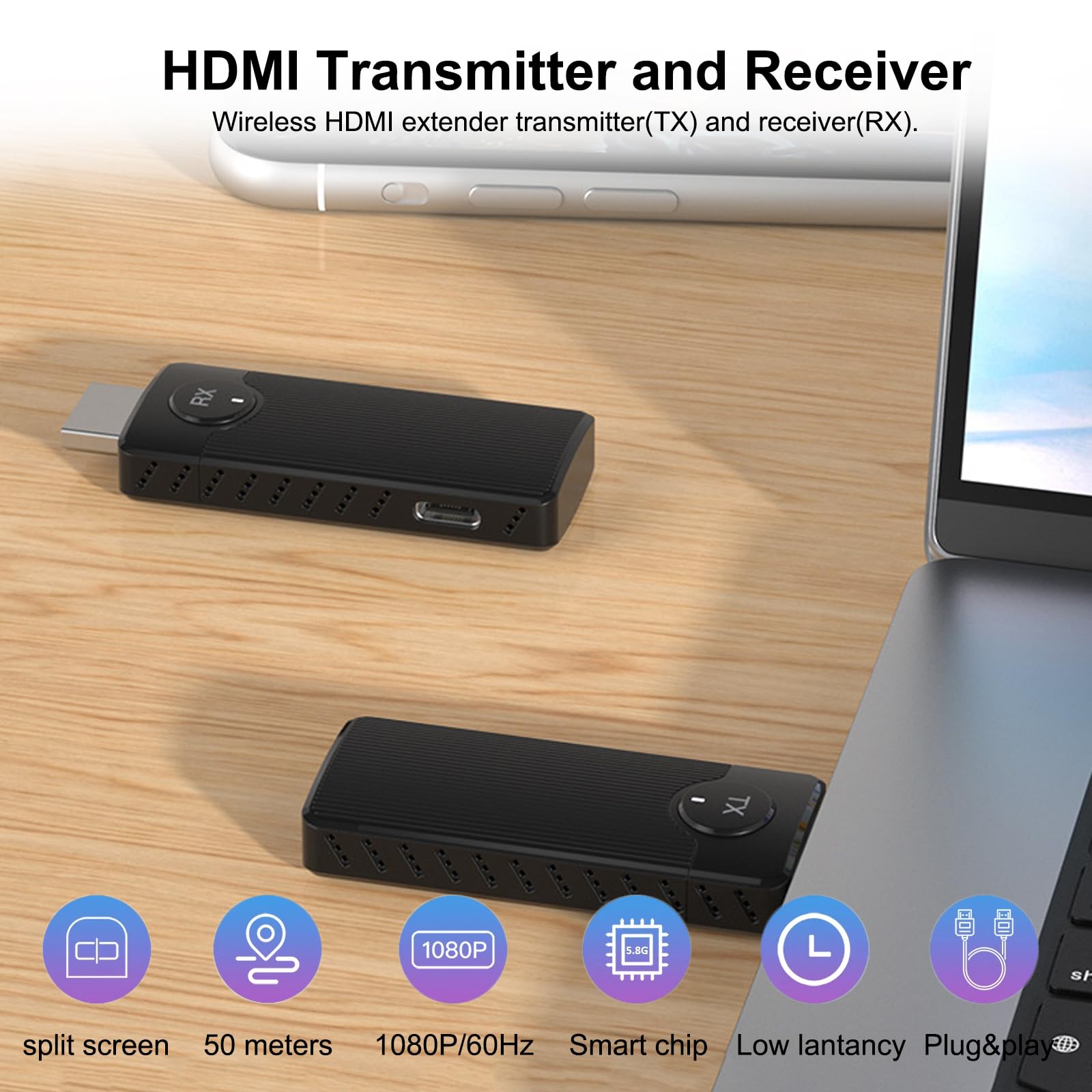 Transmisor y receptor HDMI inalámbrico, extensor HDMI de 165FT/50m, decodificación 4K y salida 1080P, portátil plug&play de 5G+2.4G para transmitir video y audio a un monitor desde laptop/PC/TV Box