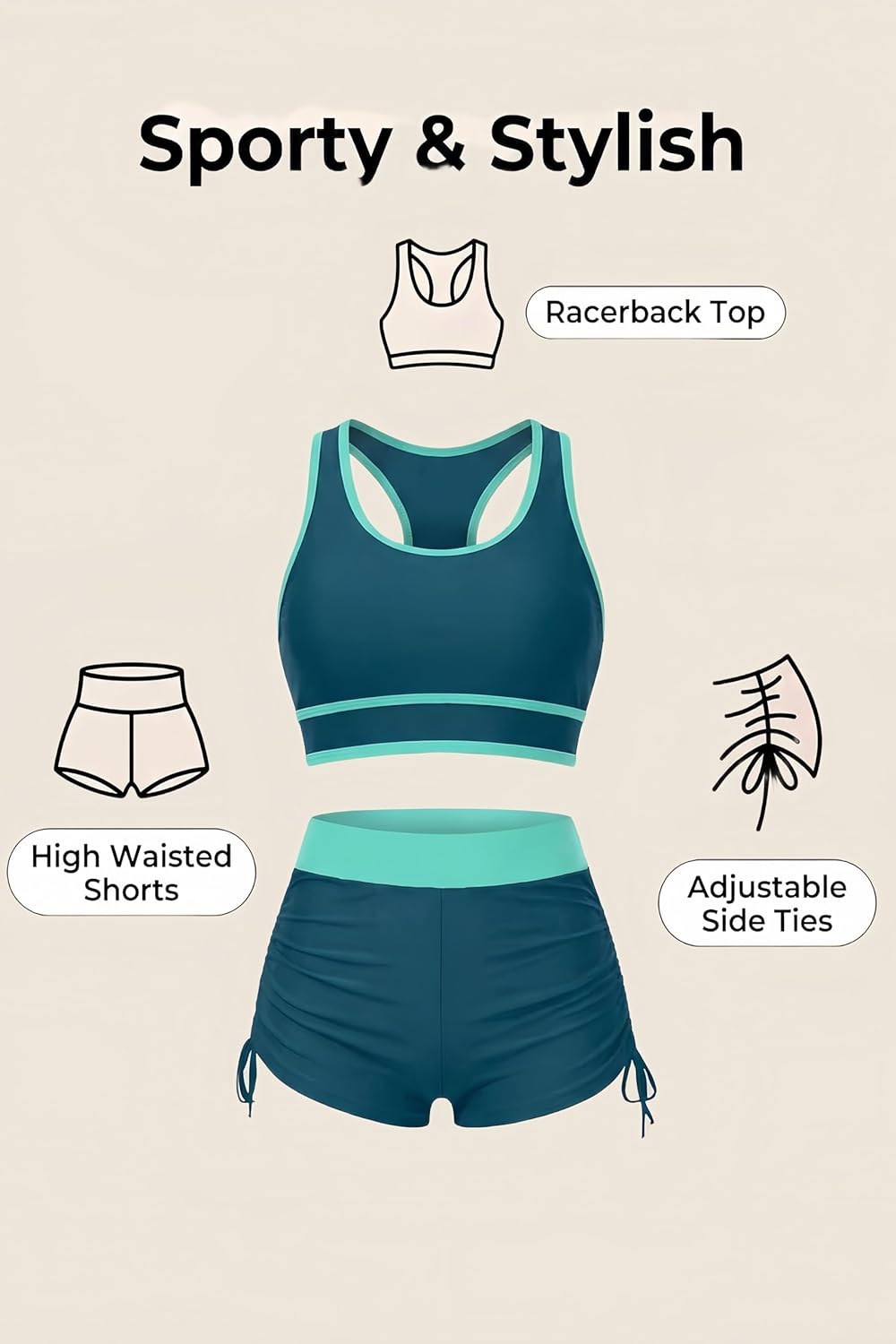 Holipick Women's Sporty Bikini Sets Two Piece Color Block Swimsuit Bathing Suits with High Waisted Boy Shorts Bottom