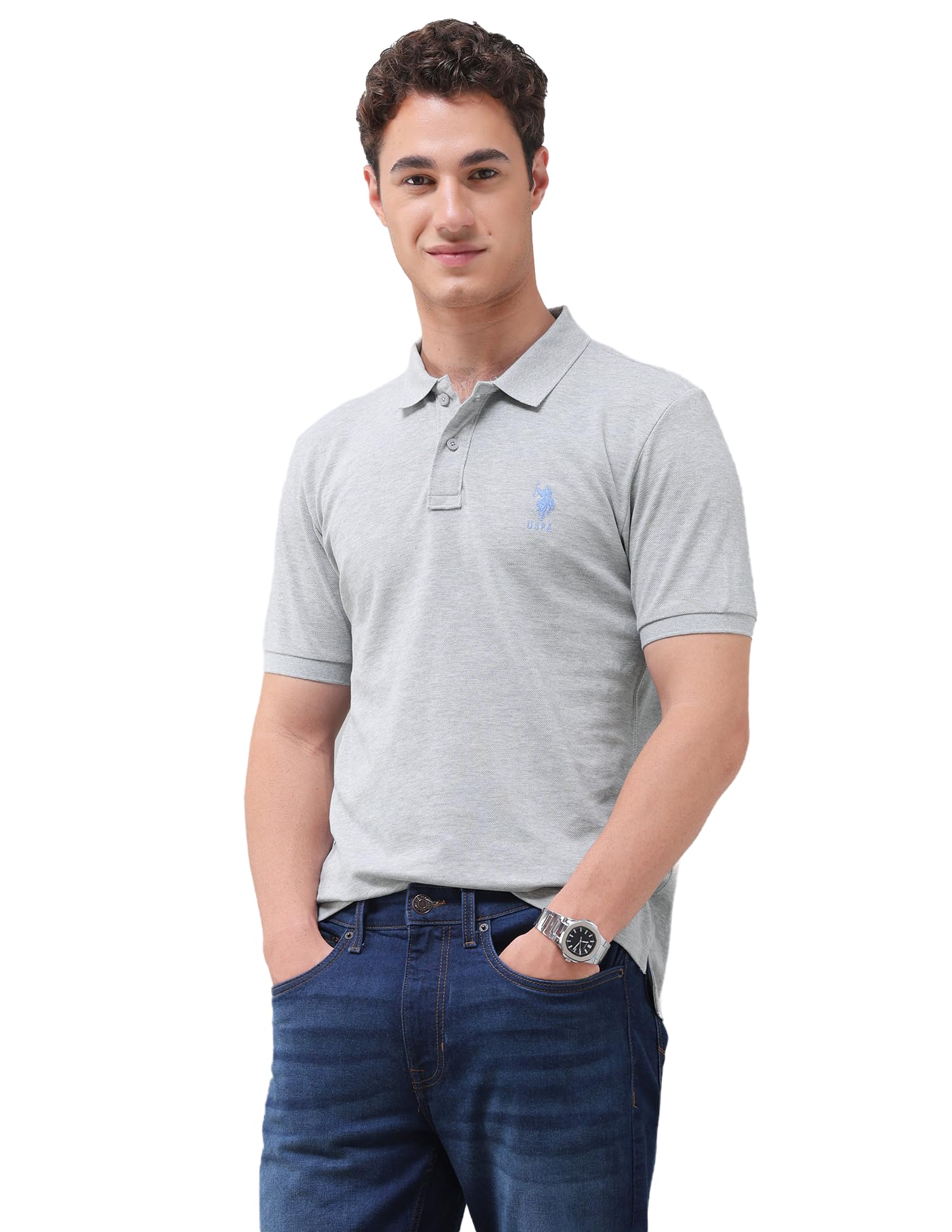 u.s. polo assn. Heather Grey Solid Cotton Slim Fit Men's Polo Shirt-picture-13