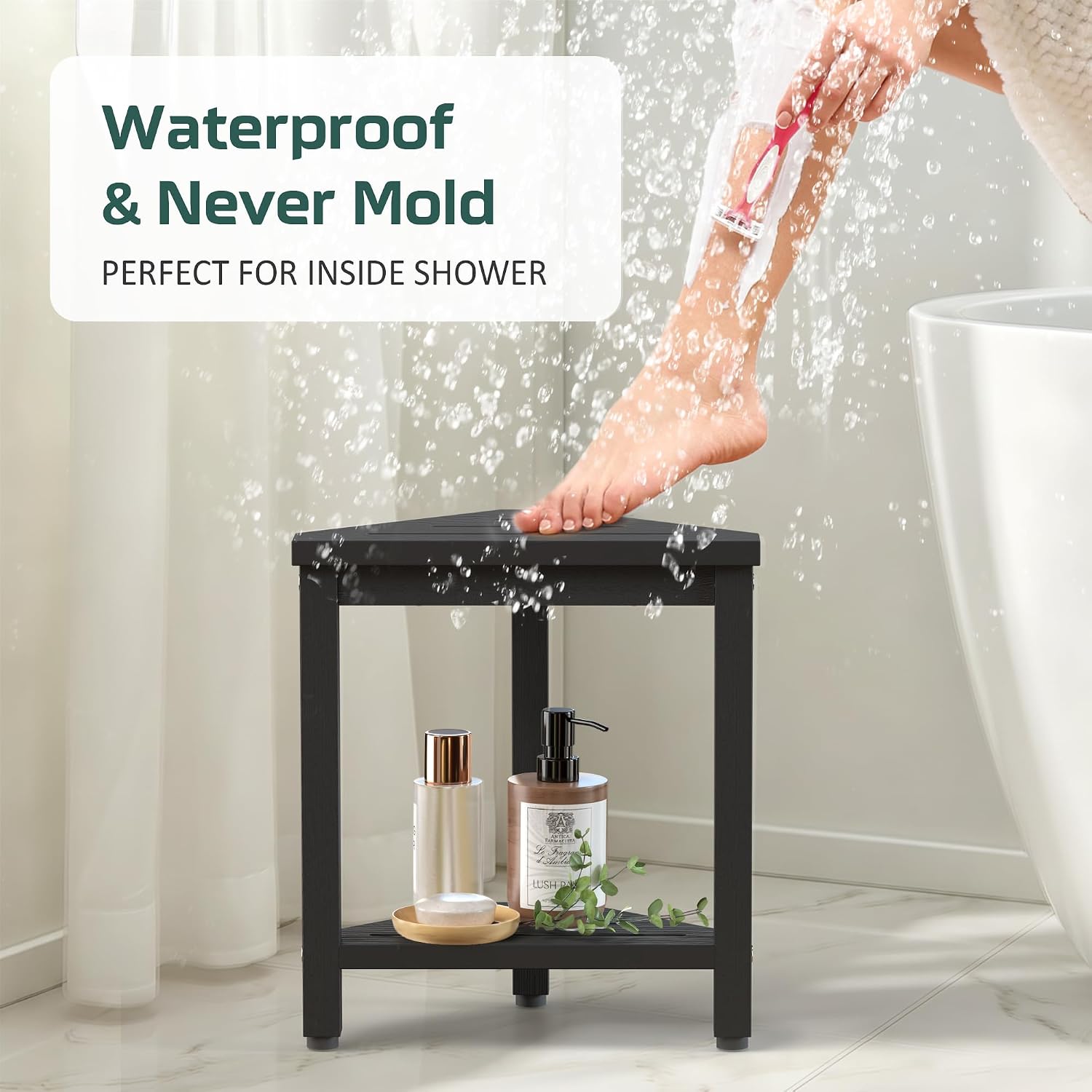 Waterproof Shower Foot Rest 14.2in, HDPE Small Stool for Bath Corner, Black image 4