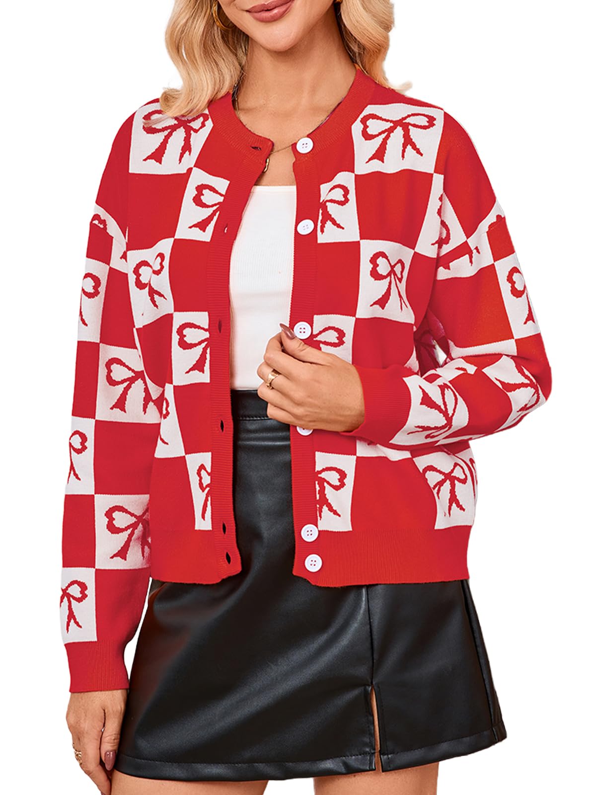 Bow Checkered Cardigan for Women Fall Open Front Chunky Knit Sweaters Crew Neck Button Down Jackets