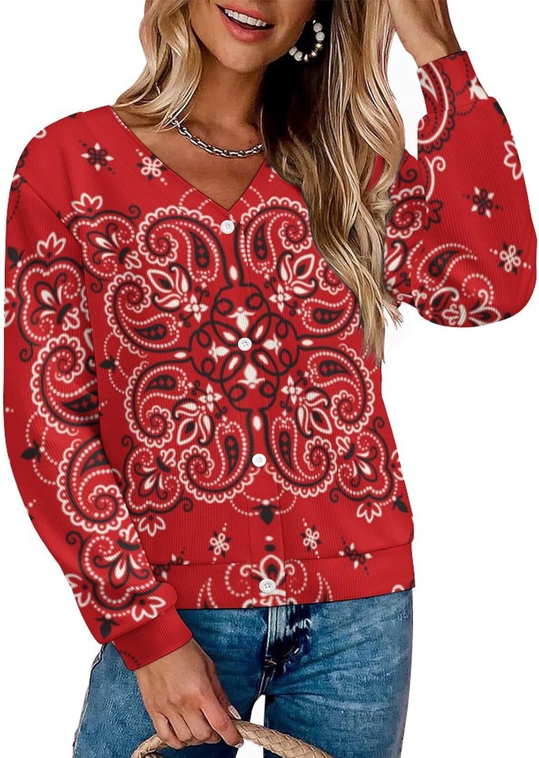 Red Bandana Sweater Woman Cardigan Soft Cover Up Front Open Long Sleeve Hiking Tops Casual Clothes