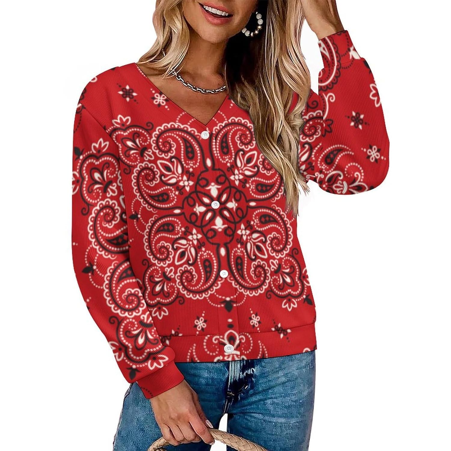 Red Bandana Sweater Woman Cardigan Soft Cover Up Front Open Long Sleeve Hiking Tops Casual Clothes