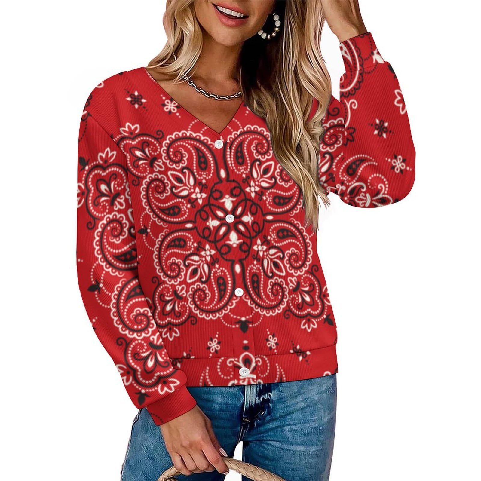 Red Bandana Sweater Woman Cardigan Soft Cover Up Front Open Long Sleeve Hiking Tops Casual Clothes