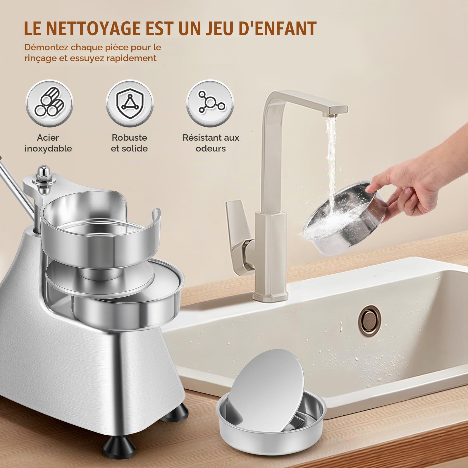 Moongiantgo 3-en-1 Presse à Hamburger Manuelle en Acier Inoxydable | Machine à Burger Commerciale, 3 Plateaux de Tailles 4/5/6" &1500 Papiers Cirés pour Extérieur Cuisine Restaurant (10/13/15CM)