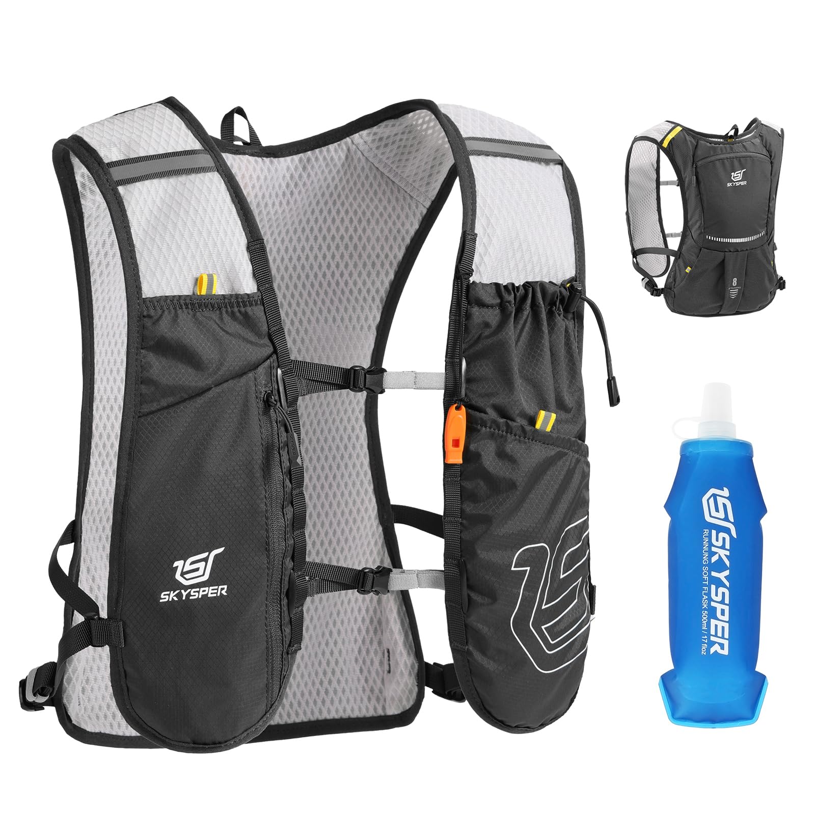 SKYSPER Chaleco de Hidratación Running 5L | Chaleco Ligero con Botella 500ML y Diseño Reflectante para Trail Maratón y Senderismo
