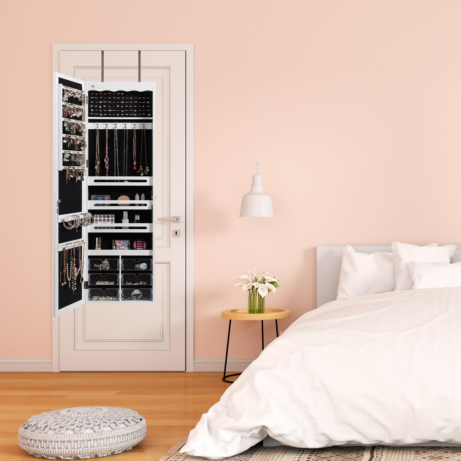 GOPLUS Armoire à Bijoux Mural avec Miroir et Lumière LED, Armoire de Rangement Mural, Accrochée à la Porte avec Serrure, Meuble de Rangement, Miror Porte-Bijoux 120 x 36,5 x 11,5CM, Blanc