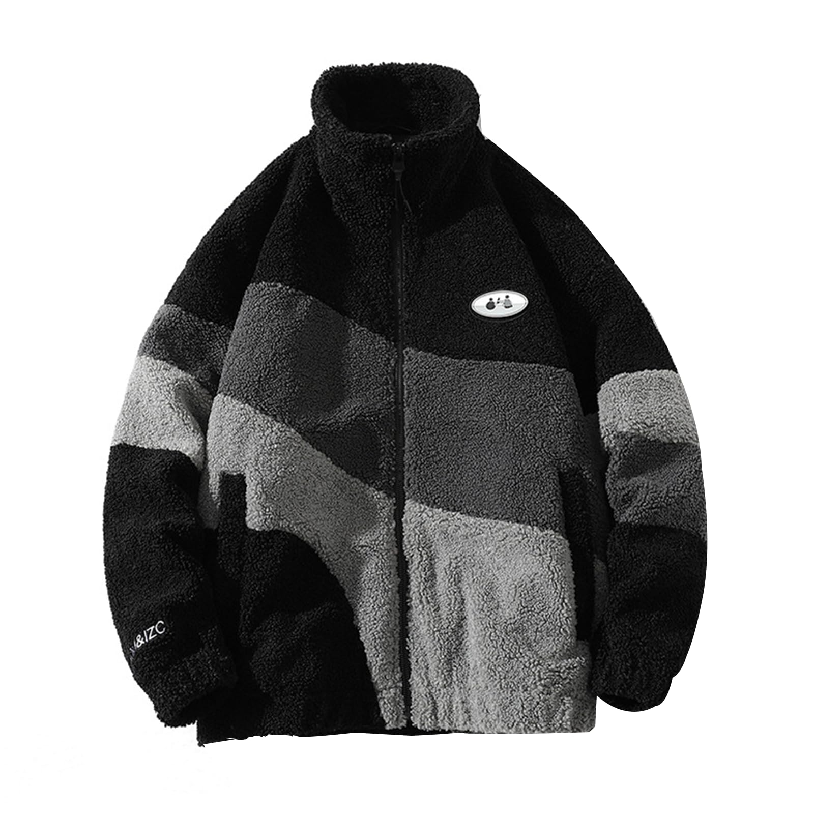 Feegar Men's Black Sherpa Jacket Color Patchwork Outwear Teddyfleece Sweater Full-Zip Jackets Long Sleeve Warm Fuzzy Coats(,M)