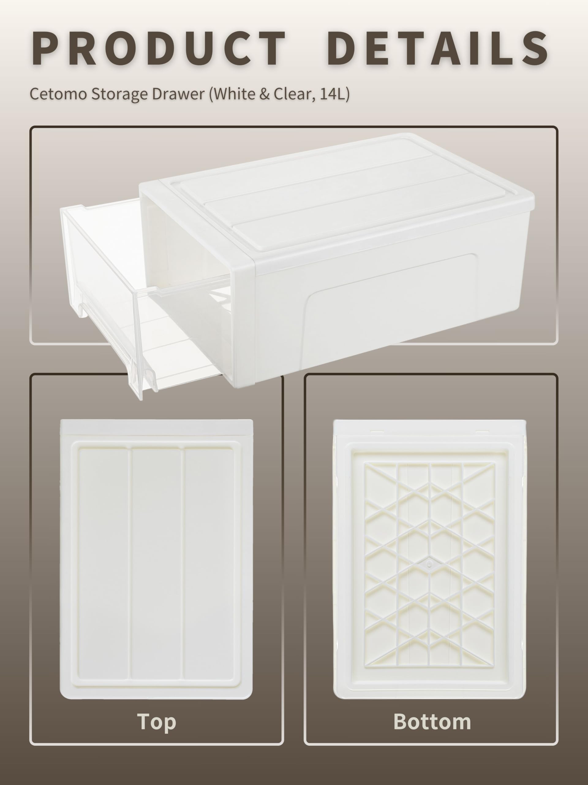 Cetomo 14L*3 Cajones de Almacenamiento de Plástico, Organizadores para Escritorio de Oficina, Caja de Almacenamiento, Torre Apilable para Cosméticos, Resistente, Blanco, Transparente, 14L-3 Unidades