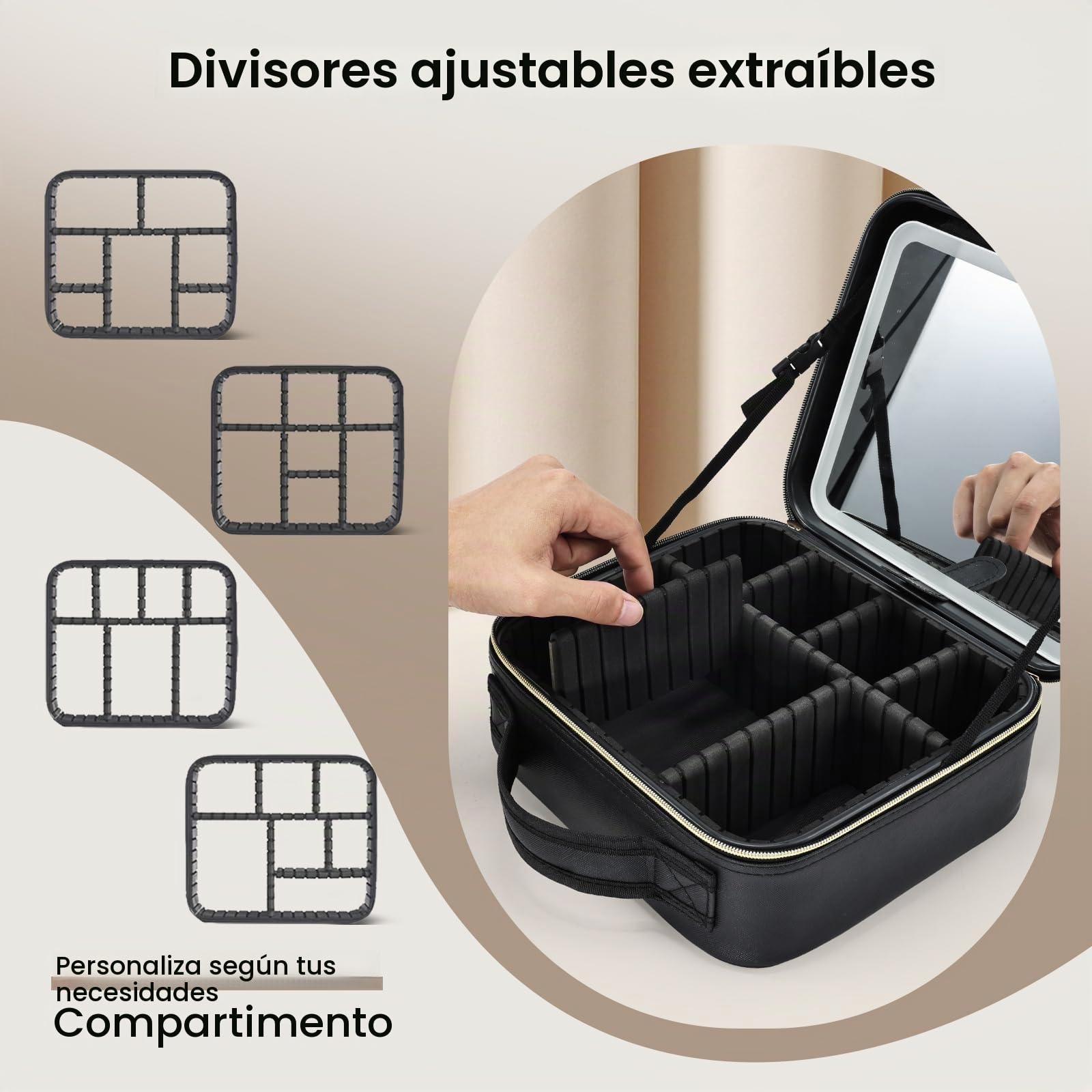Neceser de Maquillaje Maletín de Maquillaje Gran Capacidad con Espejo Iluminado 3 Modos Organizador de Cosméticos Ajustable Estuche de Viaje para Mujer, Negro