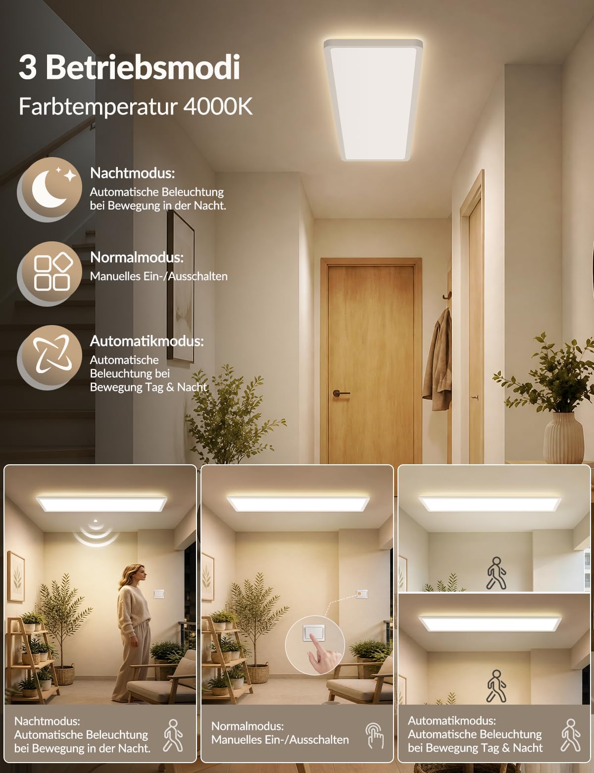 CBJKTX Lámpara techo LED sensor movimiento para interiores panel 100x25cm