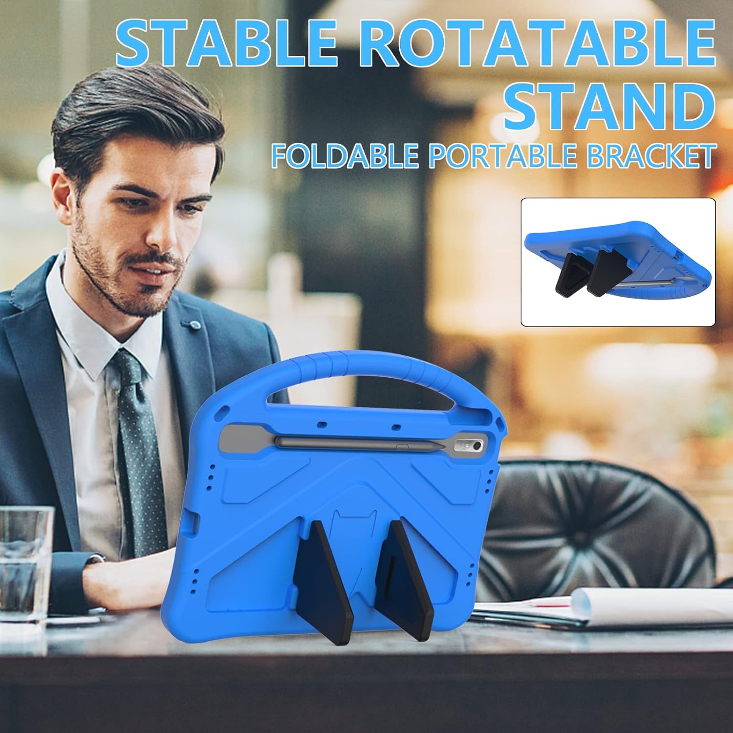 Adult using the ZORSOME tablet case with its kickstand extended, showing a stable viewing angle.