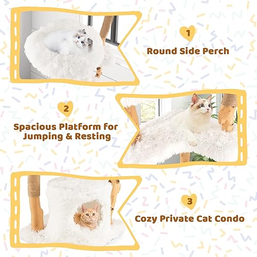 Miniatura 7 de Tangkula Árbol para gatos de interior, torre moderna de madera maciza para gatos con cesta de cola superior, cama para gatos, perca lateral,