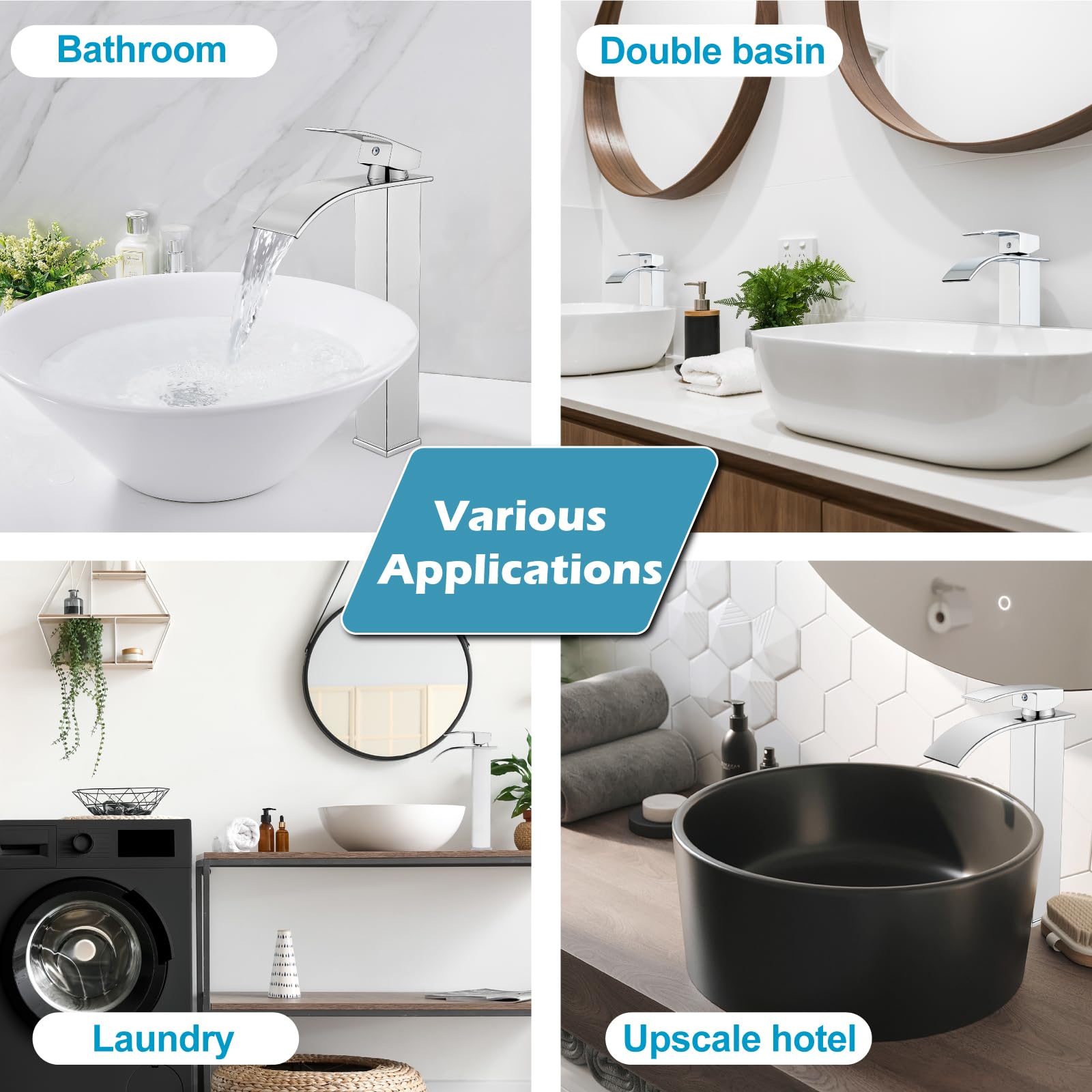 Midanya Rubinetto da bagno con beccuccio a cascata, maniglia singola, 1 foro, rubinetto per lavabo da bagno, moderno per camper, lavabo con tubo dell'acqua, senza scarico, corpo alto, cromato lucido