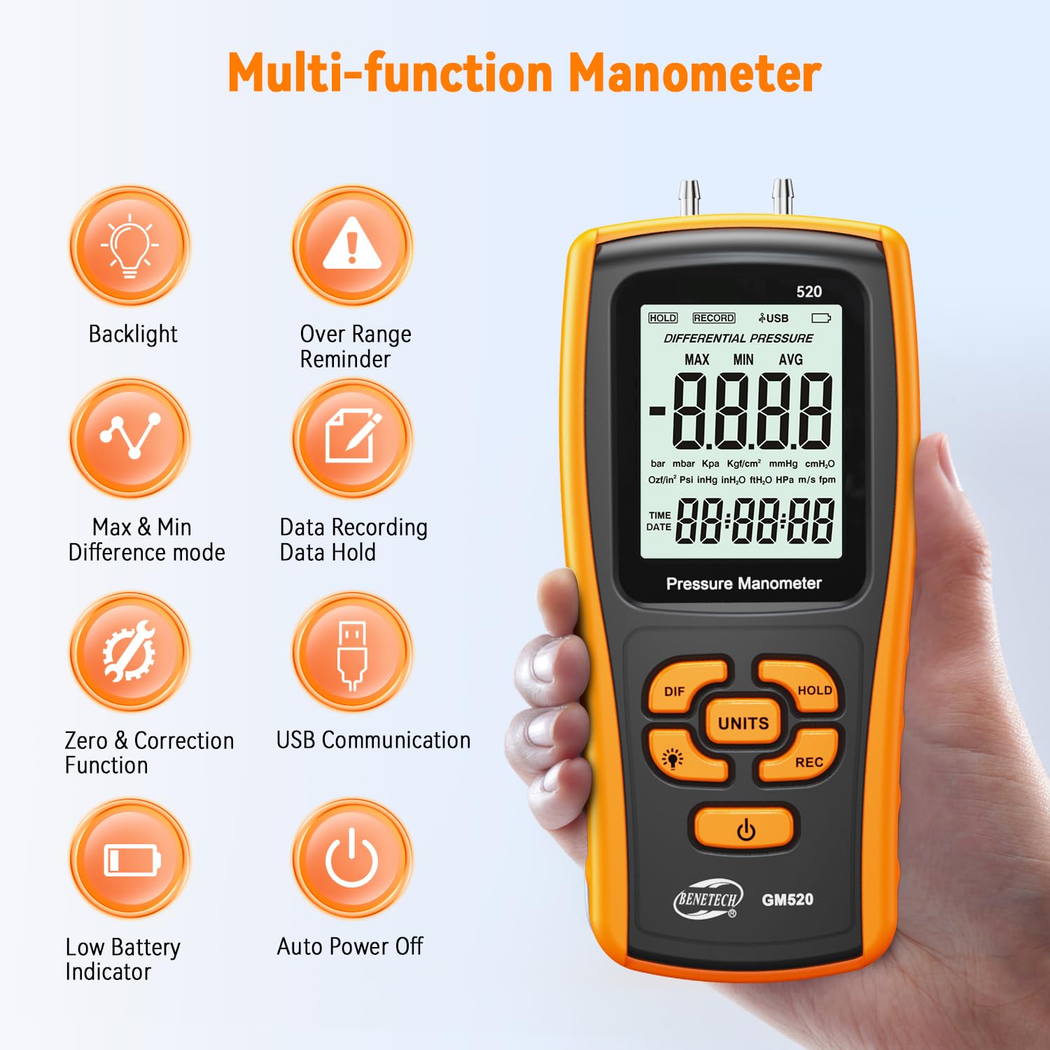 Digital Manometer Gas Pressure Tester, Professional Air Pressure Meter, Differential Pressure Gauge for HVAC, Gas Valve (GM520)