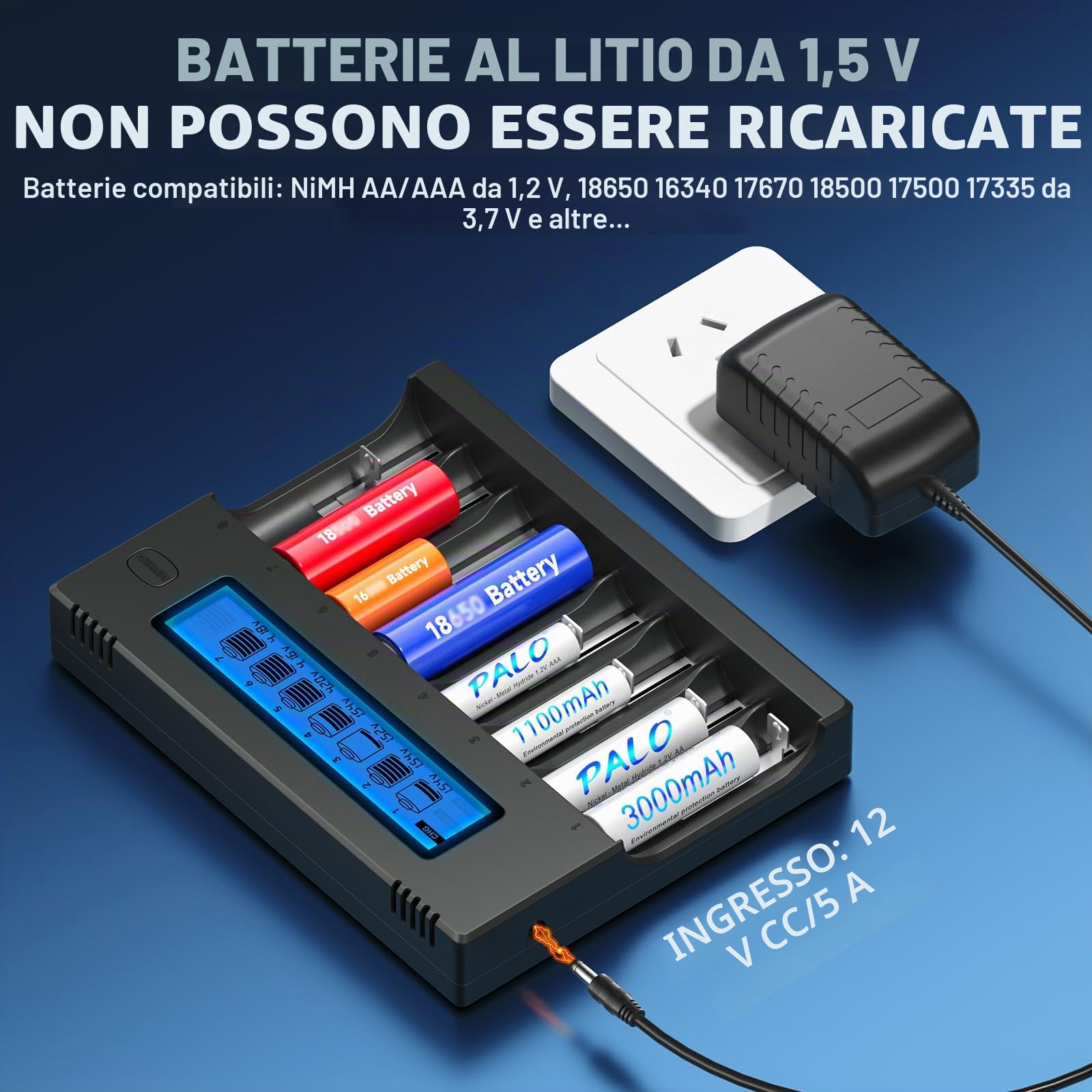 18650 Caricabatterie - 21700 Caricabatteria con LCD, Funzione di Scarica per Batterie Ricaricabili Li-Ion LiFePO4 21700 26650 CR123A 13650 16340(RCR123)18350 18700
