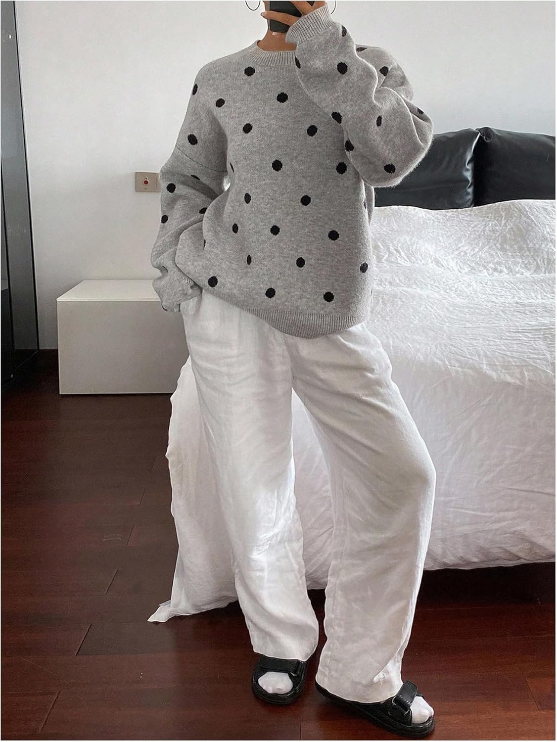 MakeMeChic Women's Polka Dots Sweater Crew Neck Long Sleeve Cozy Knit Pullover Y2k Tops - Image 4