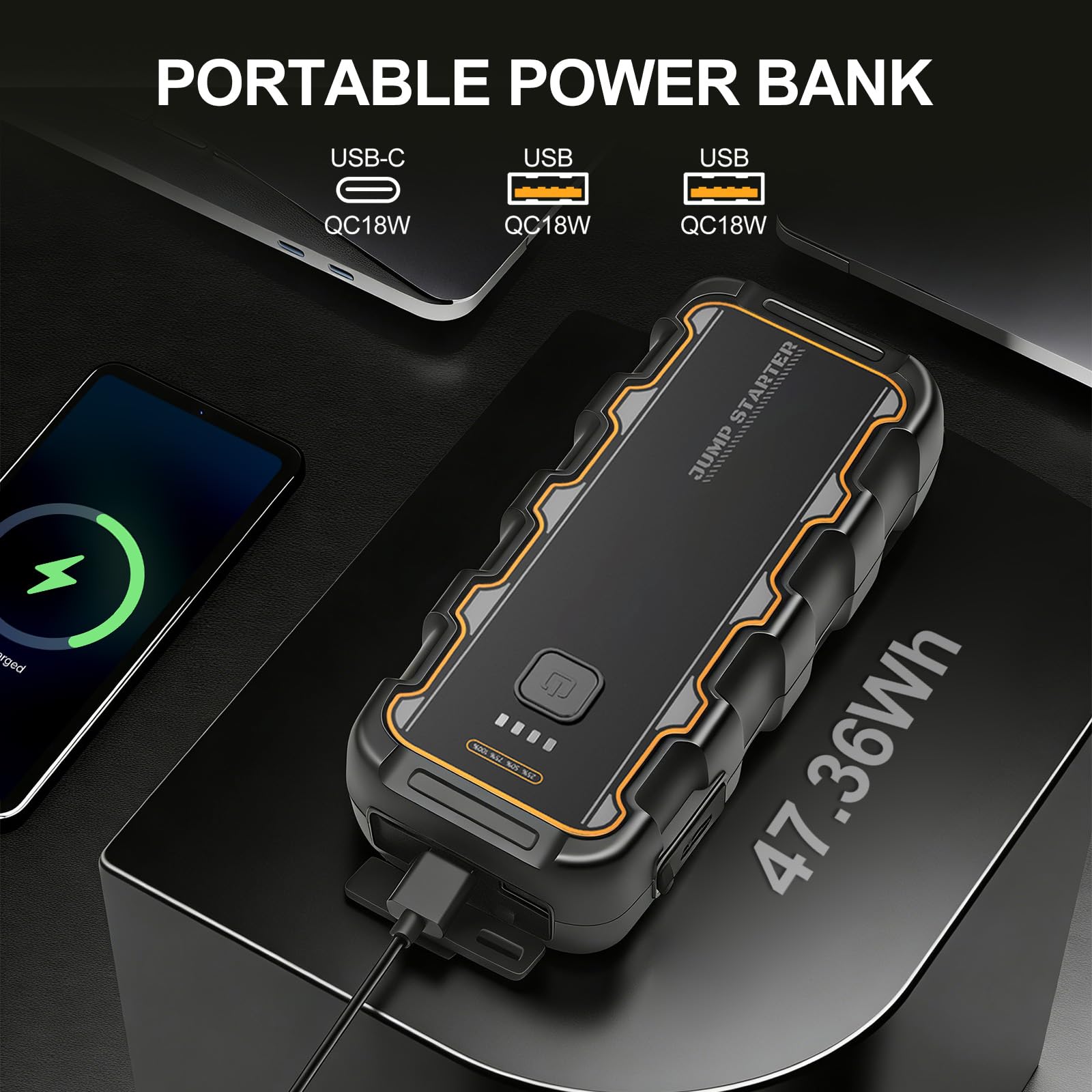 Arrancador de Batería de Coche 7000A, para Gas 8.0L/Diésel 6.0L, 12V Arrancador de Coche Portátil con Carga Rápida USB y Pinzas para Batería, Funciona en Frío Extremo, para Auto, Moto, Bote, Camping