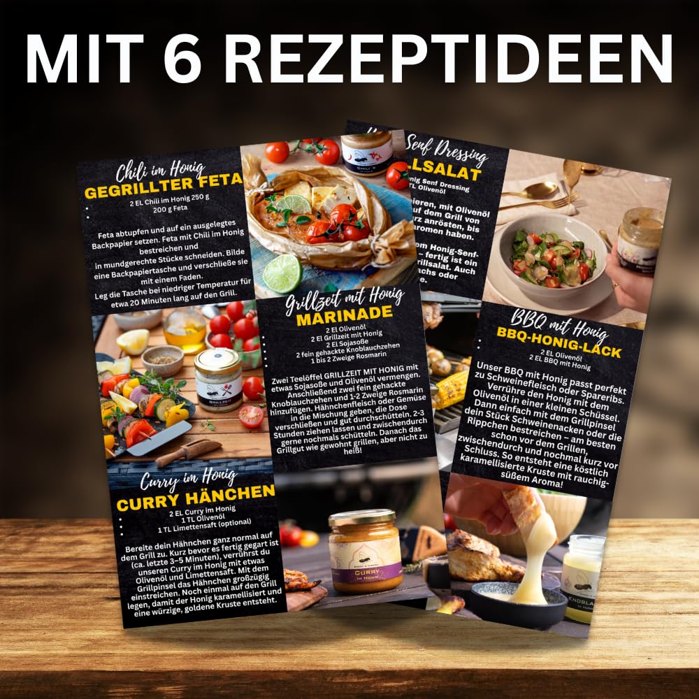 Grega’s BBQ Honig Grillset 6-teilig – BBQ Sauce & Gewürz Honige mit Grillpinsel Geschenk für Männer – Grillen, Marinieren & Verfeinern – Honigsüßes Grillsaucen Geschenkset