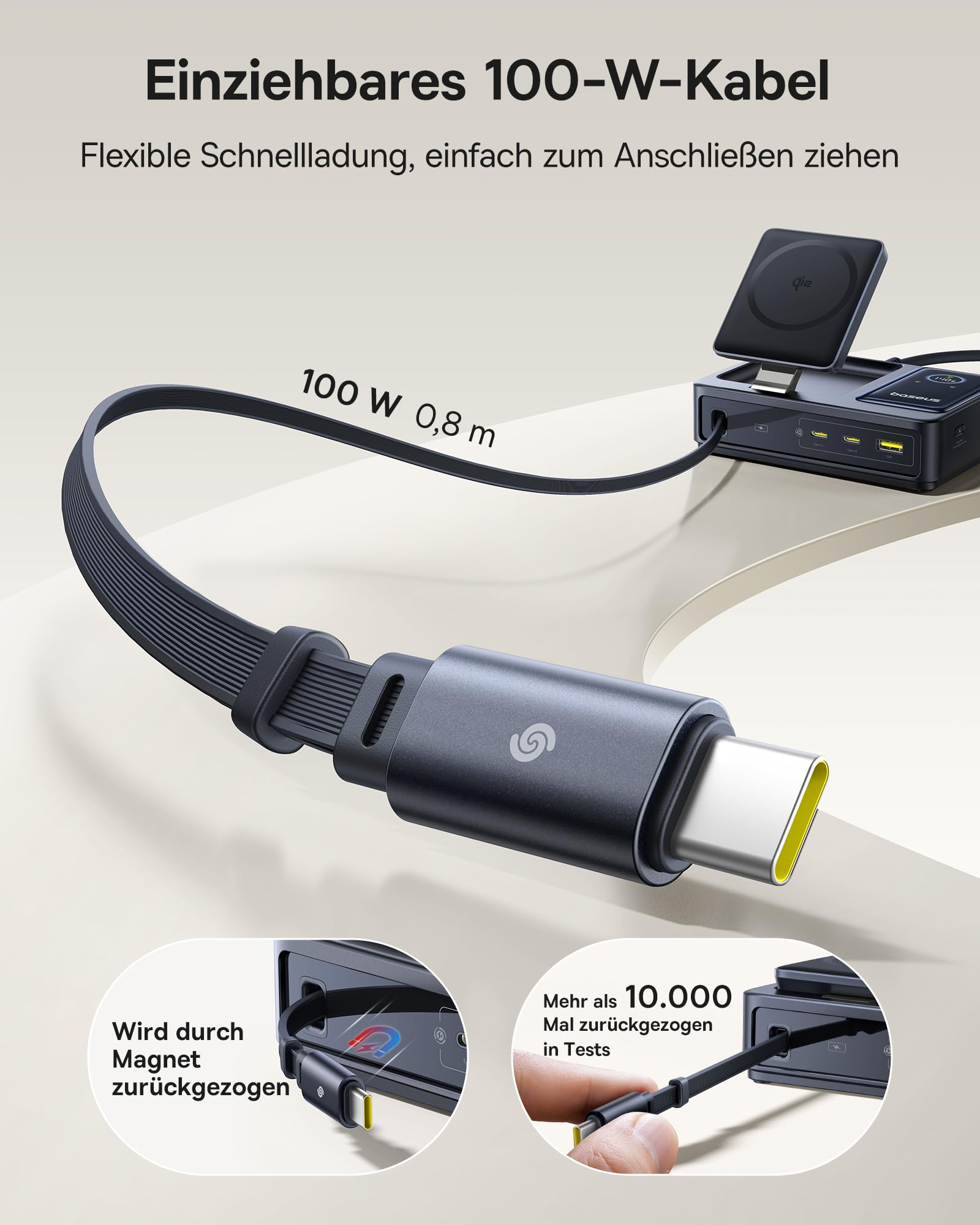 Baseus NOMOS 5-w-1 Stacja Ładowania, 140W Ładowarka USB-C z ładowaniem MagSafe Qi2.0 15W, chowany kabel USB-C, 2USB-C+ USB-A, z wyświetlaczem cyfrowym, kompatybilna z iPhone17/16/15/14, MacBook