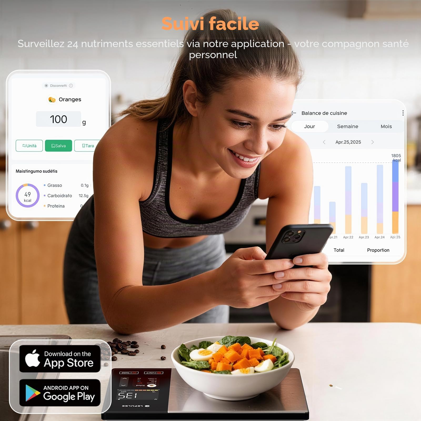 Balance de cuisine numérique avec calcul nutritionnel, écran couleur TFT | Balance alimentaire intelligente, 24 analyses, calories Bluetooth, 50 analyses hors ligne et analyse illimitée des calories